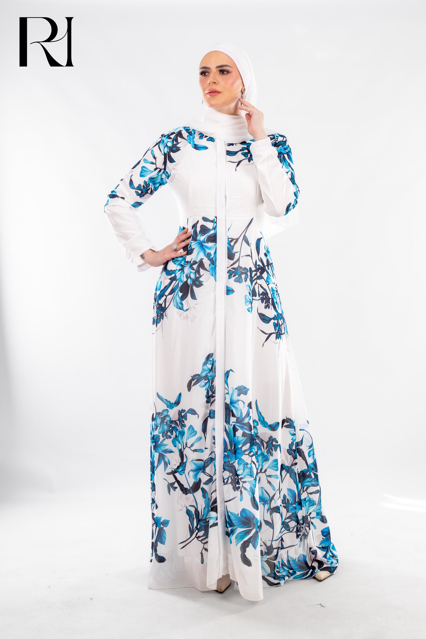 White & Blue Bloom Maxi with Fresh Sophistication - Ruehaya