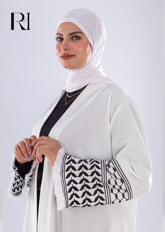 White Keffiyeh Inspired Abaya | Elegant Modest Wear - Ruehaya