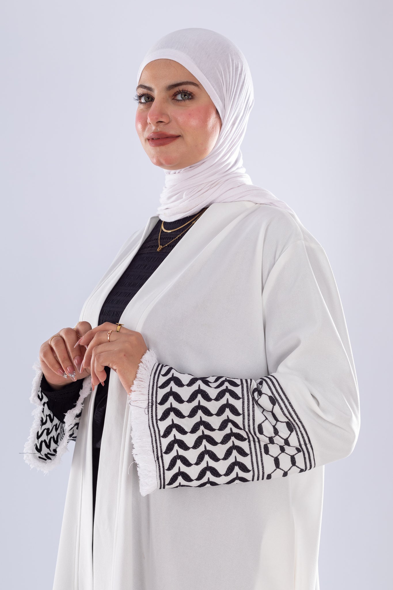 White Keffiyeh Inspired Abaya | Elegant Modest Wear - Ruehaya