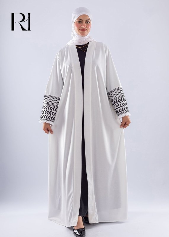 White Keffiyeh Inspired Abaya | Elegant Modest Wear - Ruehaya