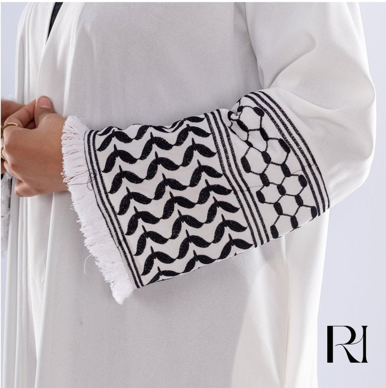 White Keffiyeh Inspired Abaya | Elegant Modest Wear - Ruehaya