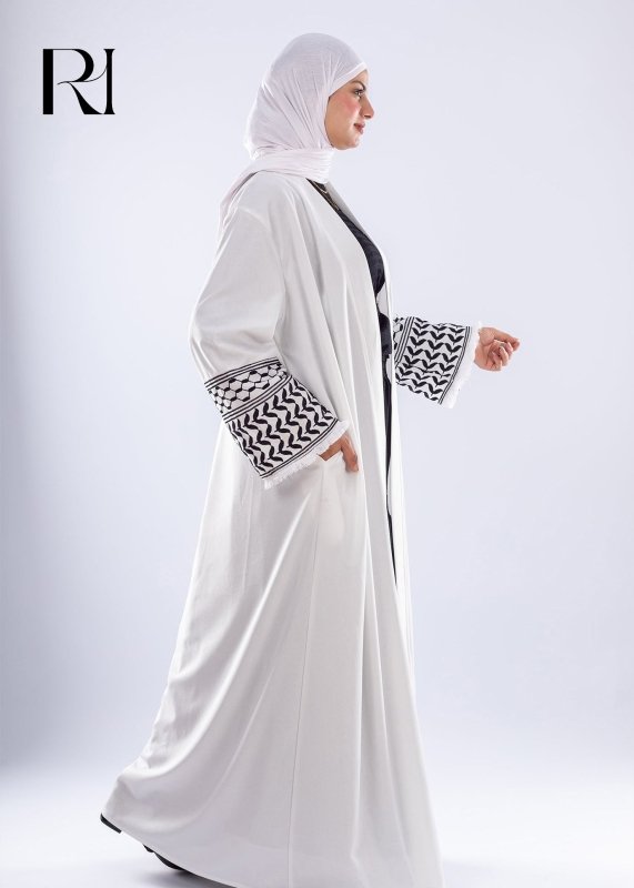 White Keffiyeh Inspired Abaya | Elegant Modest Wear - Ruehaya