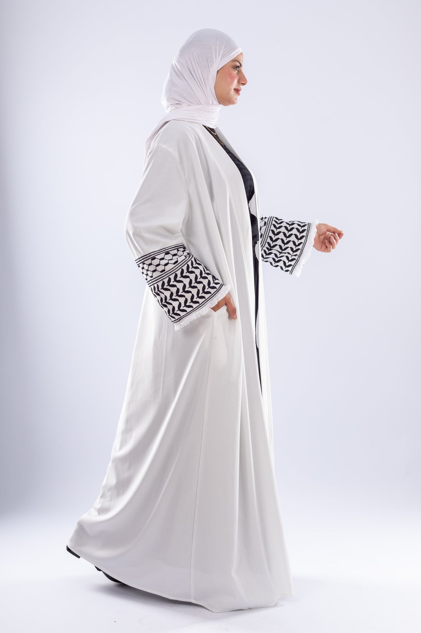 White Keffiyeh Inspired Abaya | Elegant Modest Wear - Ruehaya