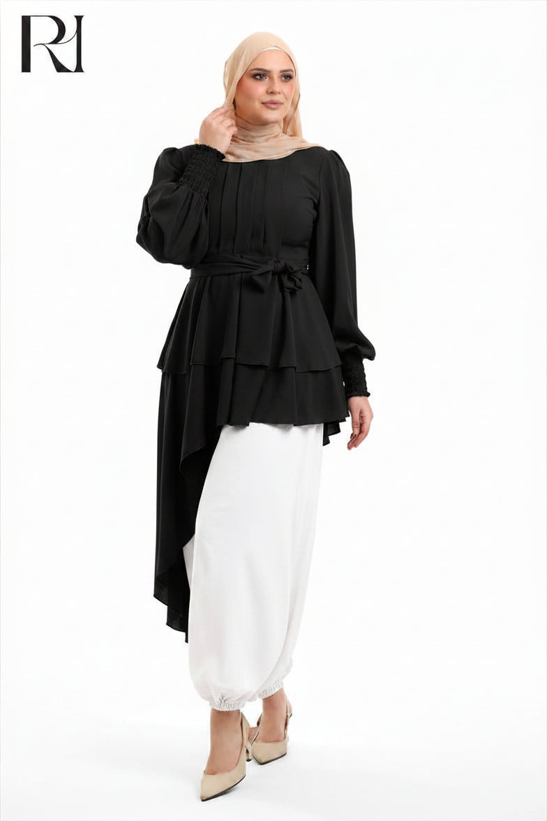 Alya Contrast Linen Silk Two Piece Set - Black