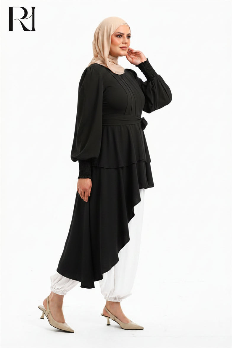 Alya Contrast Linen Silk Two Piece Set - Black