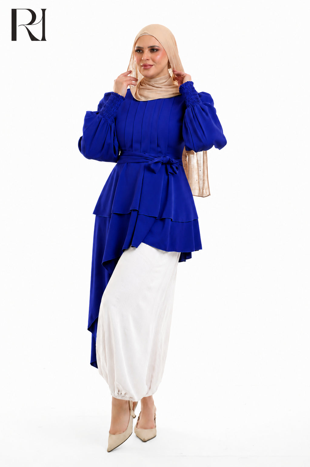 Alya Contrast Linen Silk Two Piece Set - Blue