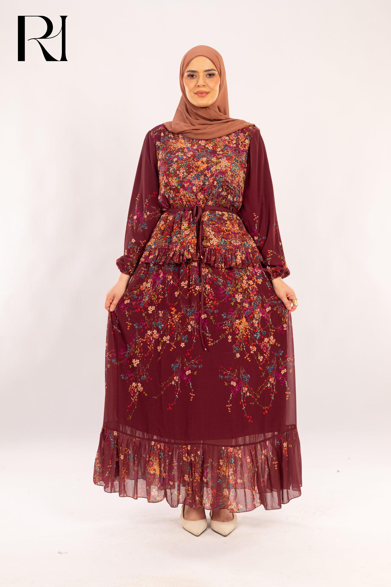 Yasmin Burgundy Bloom Peplum Maxi Dress - Ruehaya
