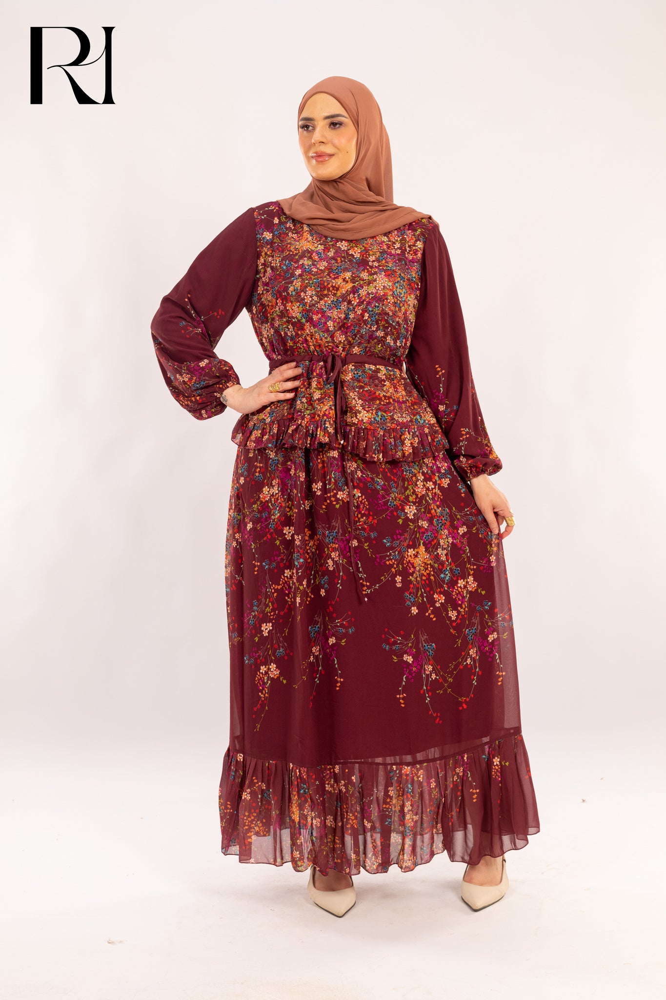 Yasmin Burgundy Bloom Peplum Maxi Dress - Ruehaya