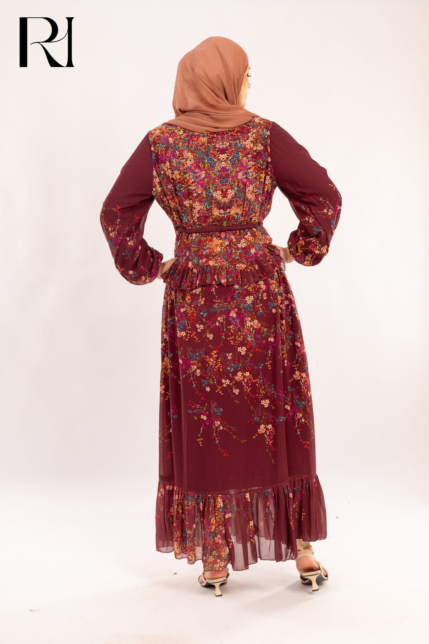 Yasmin Burgundy Bloom Peplum Maxi Dress - Ruehaya
