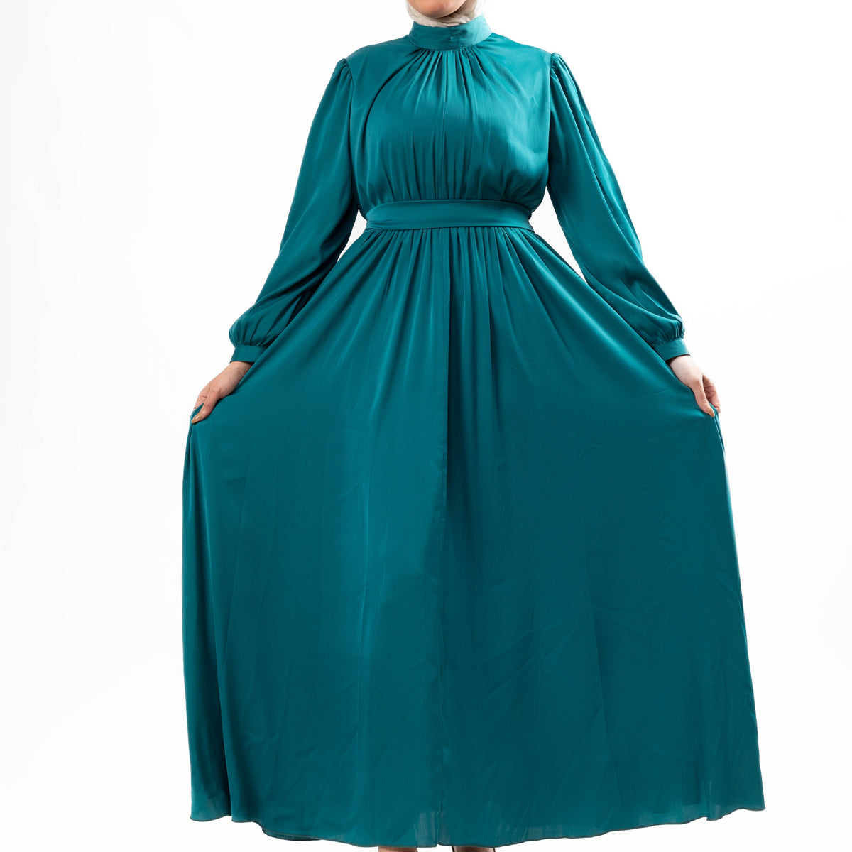 teal maxi dress long sleeve Teal Pleated Maxi Dress with Waist Tie US 18 / Teal