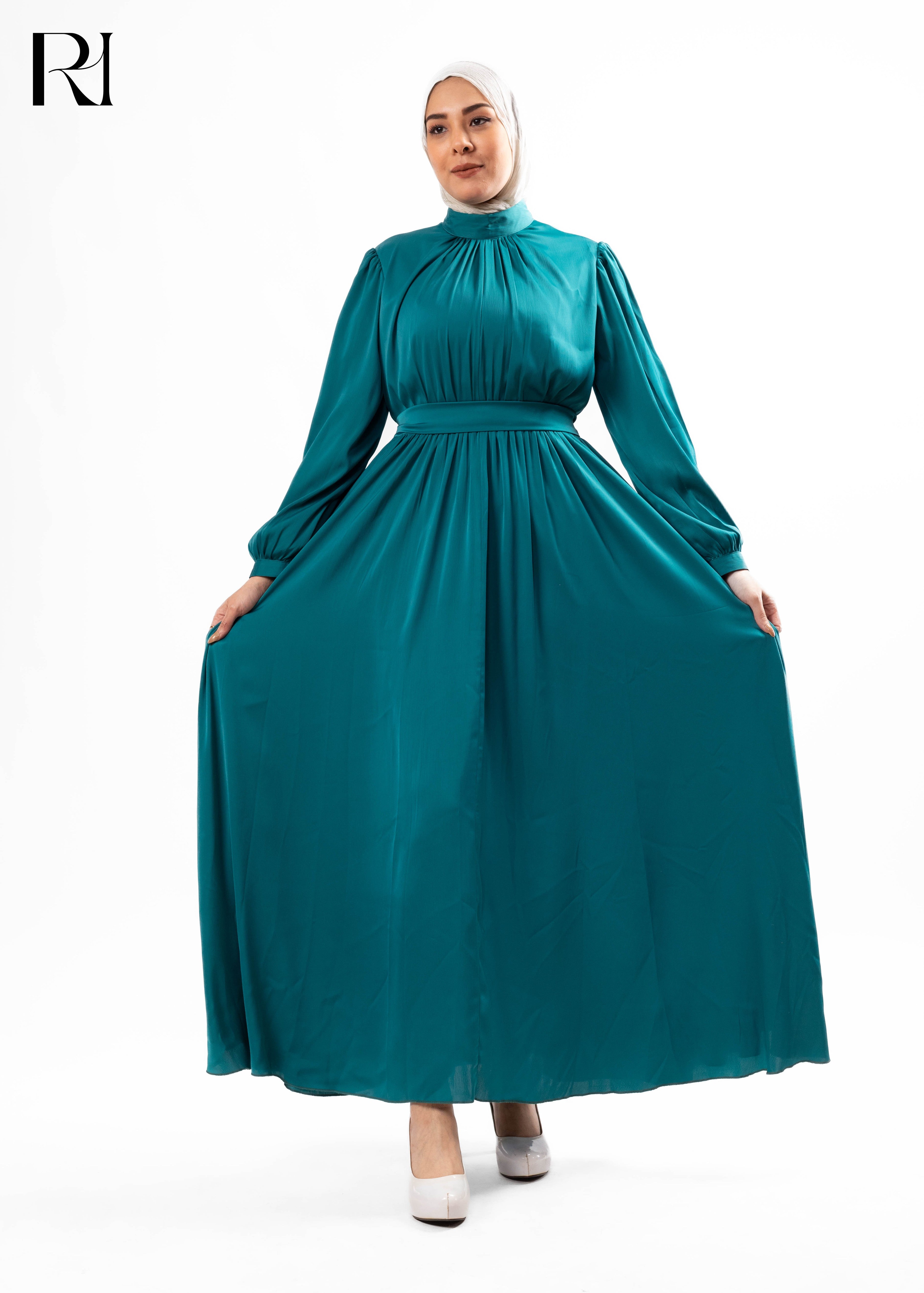 Teal Pleated Maxi Dress with Waist Tie