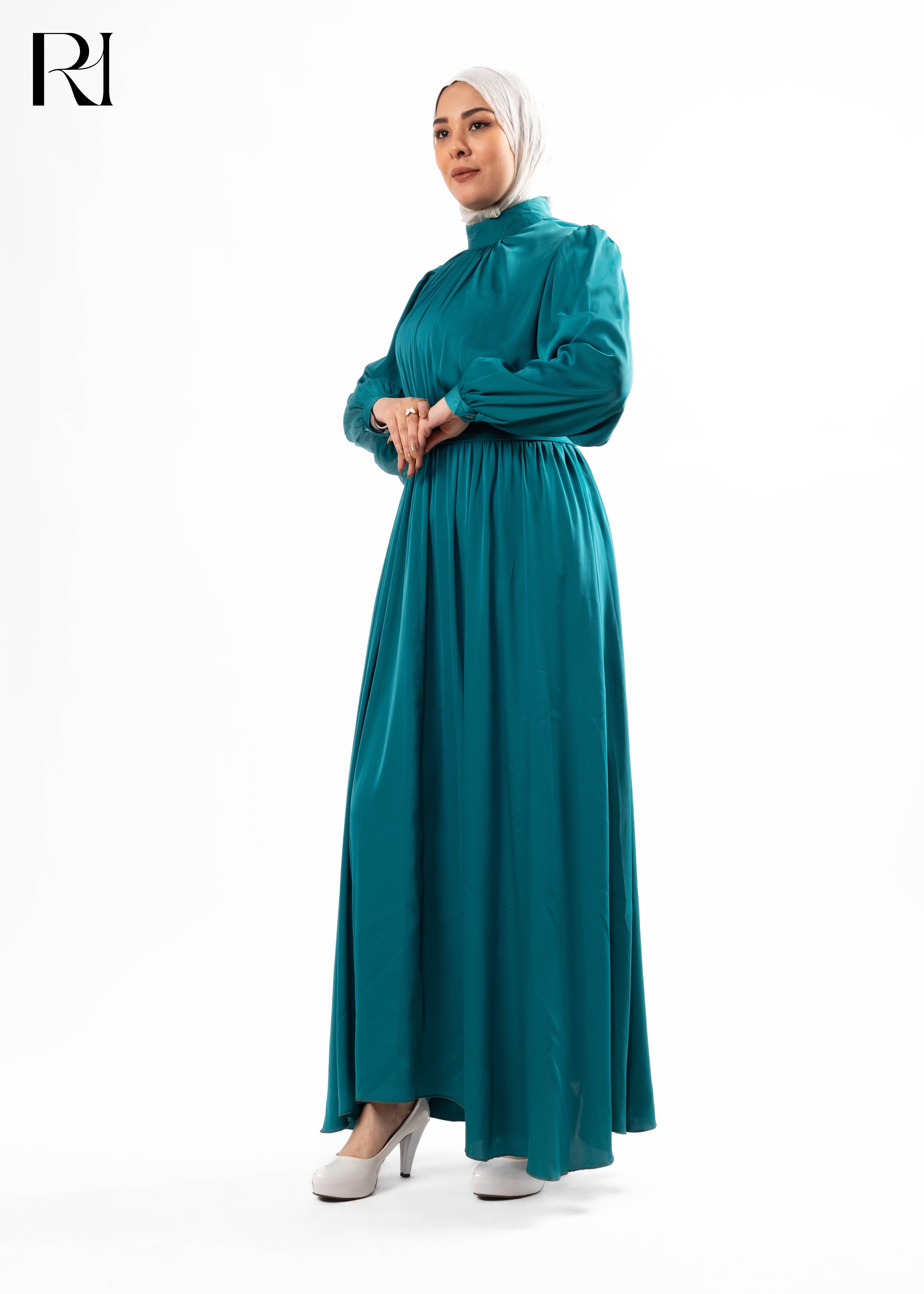 Teal Pleated Maxi Dress with Waist Tie