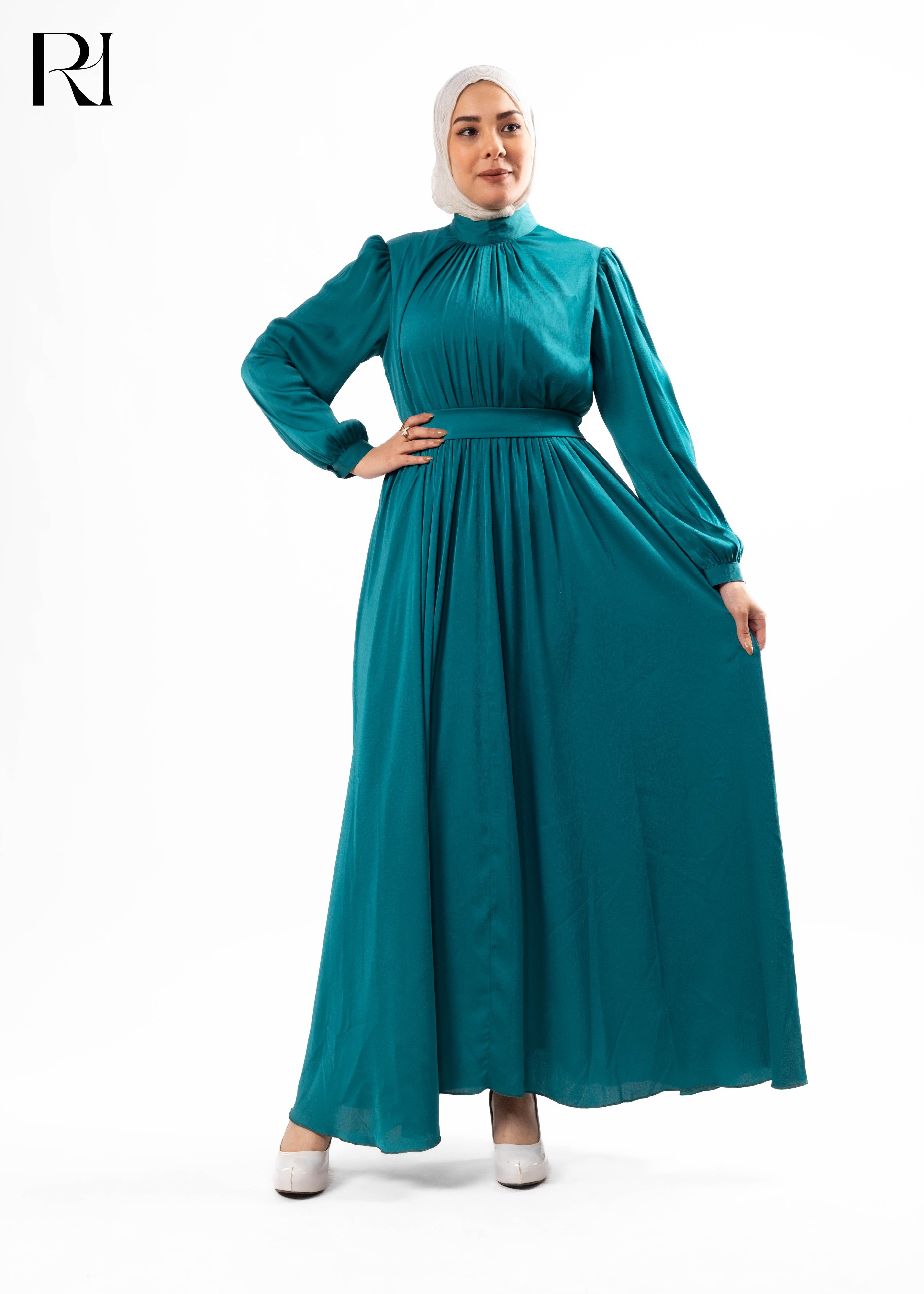 Teal Pleated Maxi Dress with Waist Tie