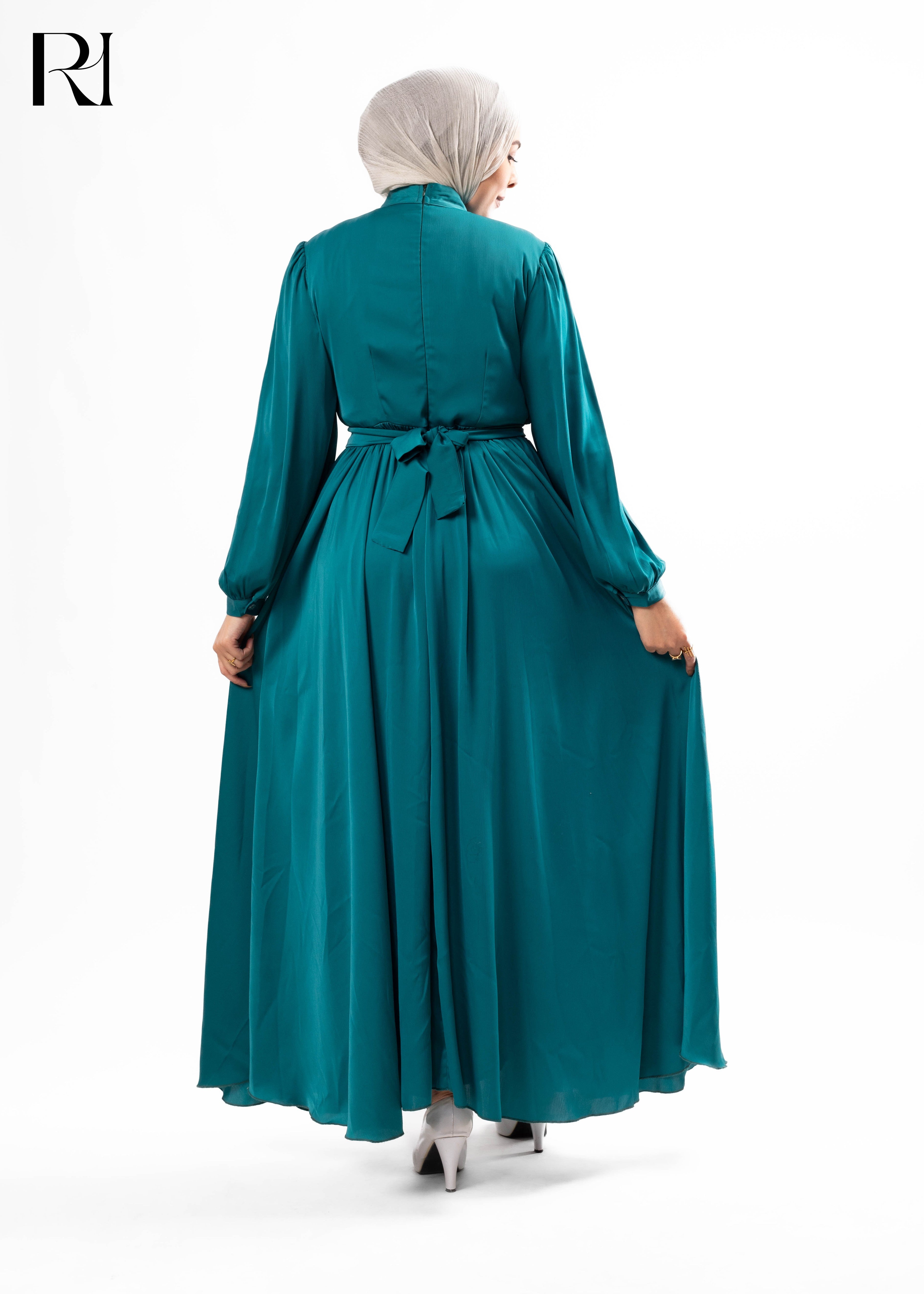 Teal Pleated Maxi Dress with Waist Tie