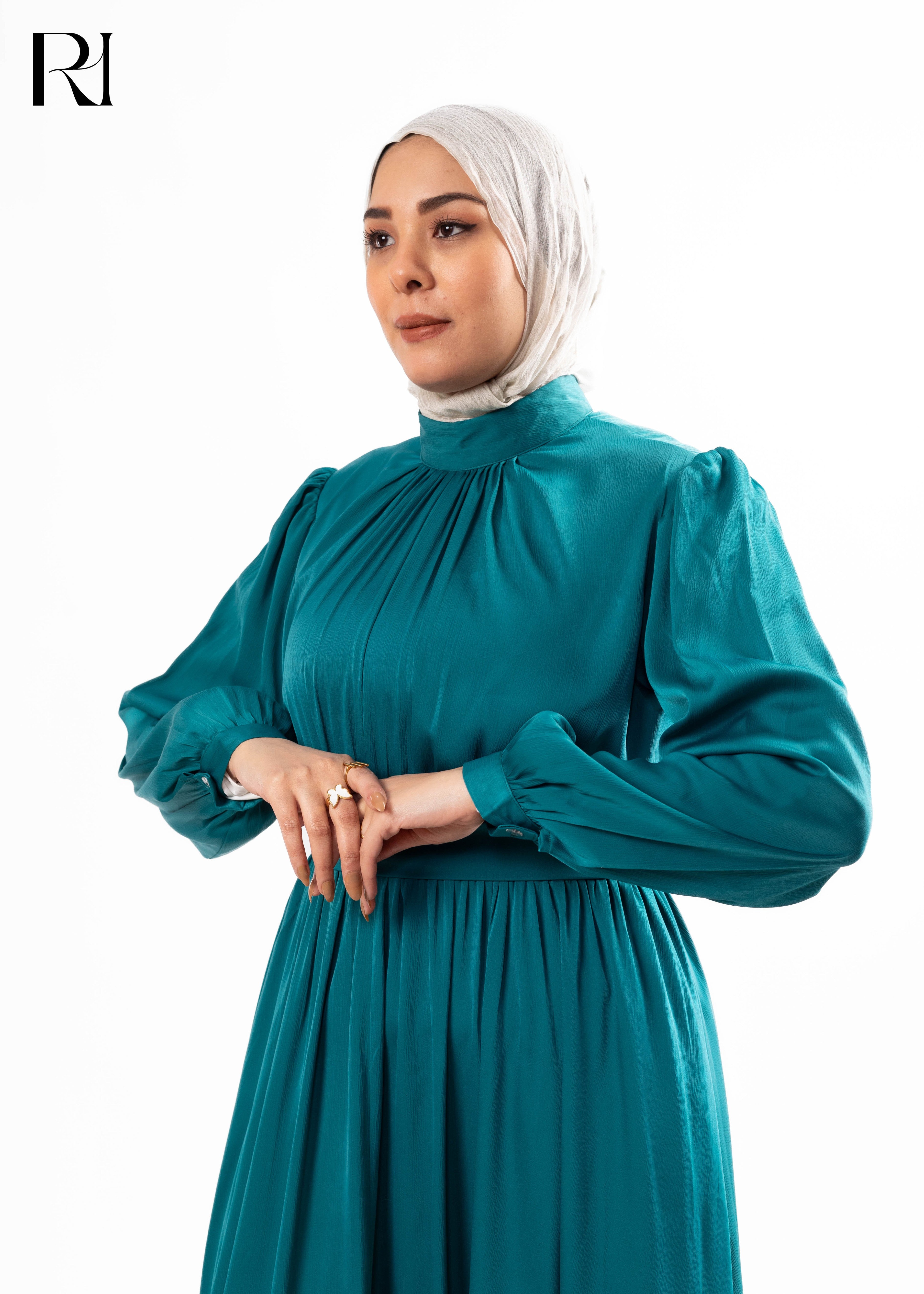 Teal Pleated Maxi Dress with Waist Tie