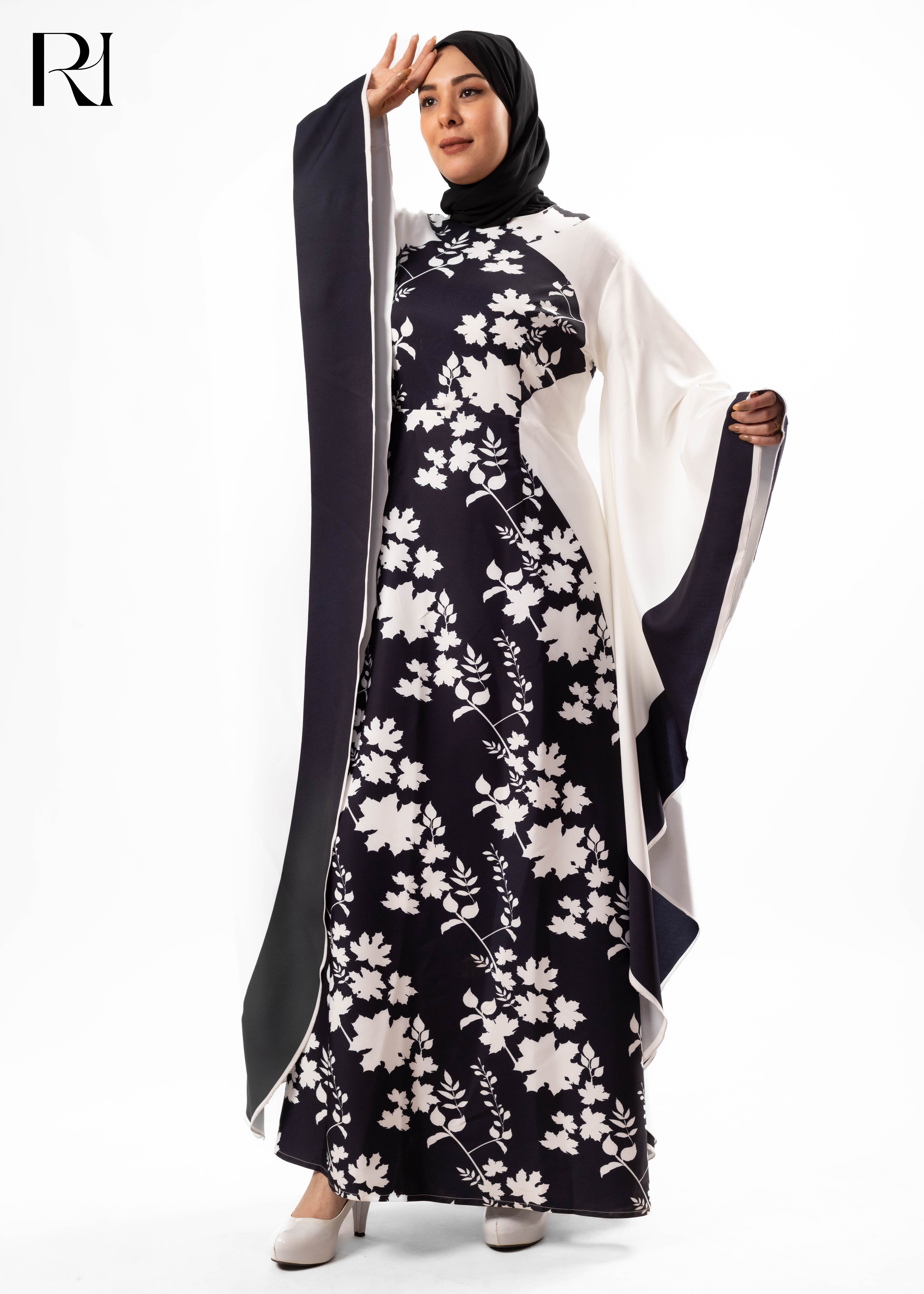 Midnight Ivory Floral Cape Maxi Dress
