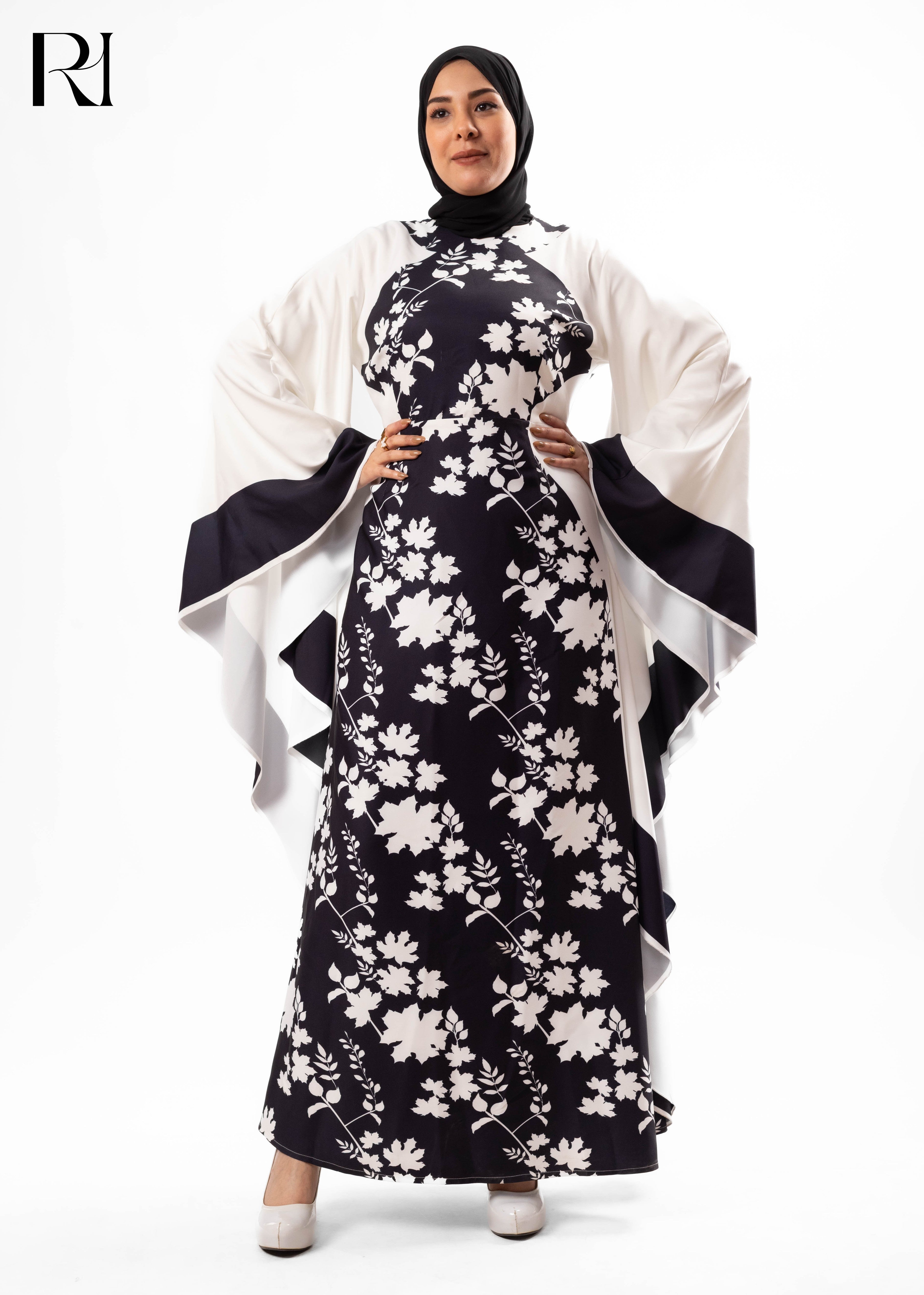 Midnight Ivory Floral Cape Maxi Dress