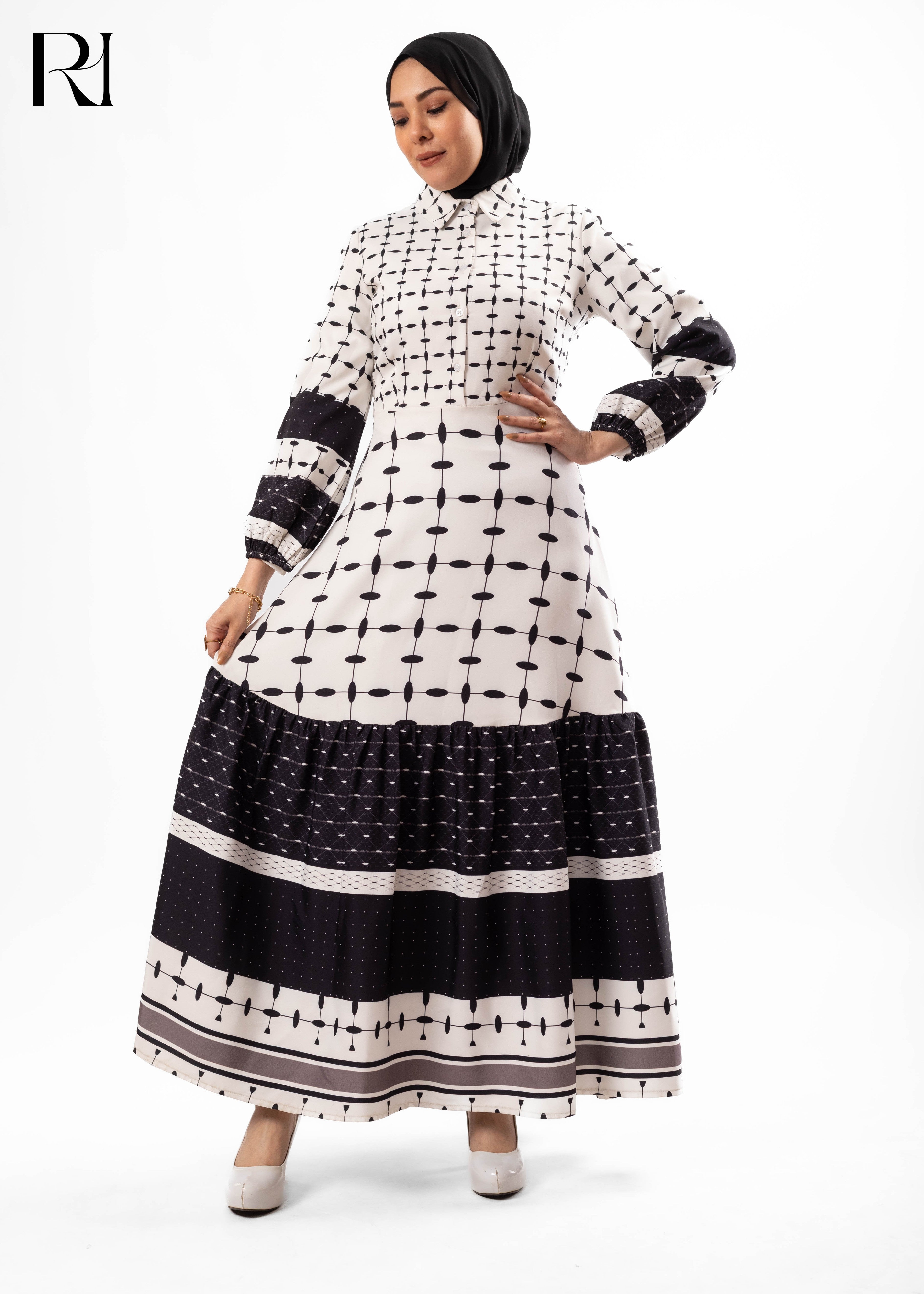 Midnight Kaffieh Geometry Printed Maxi Dress