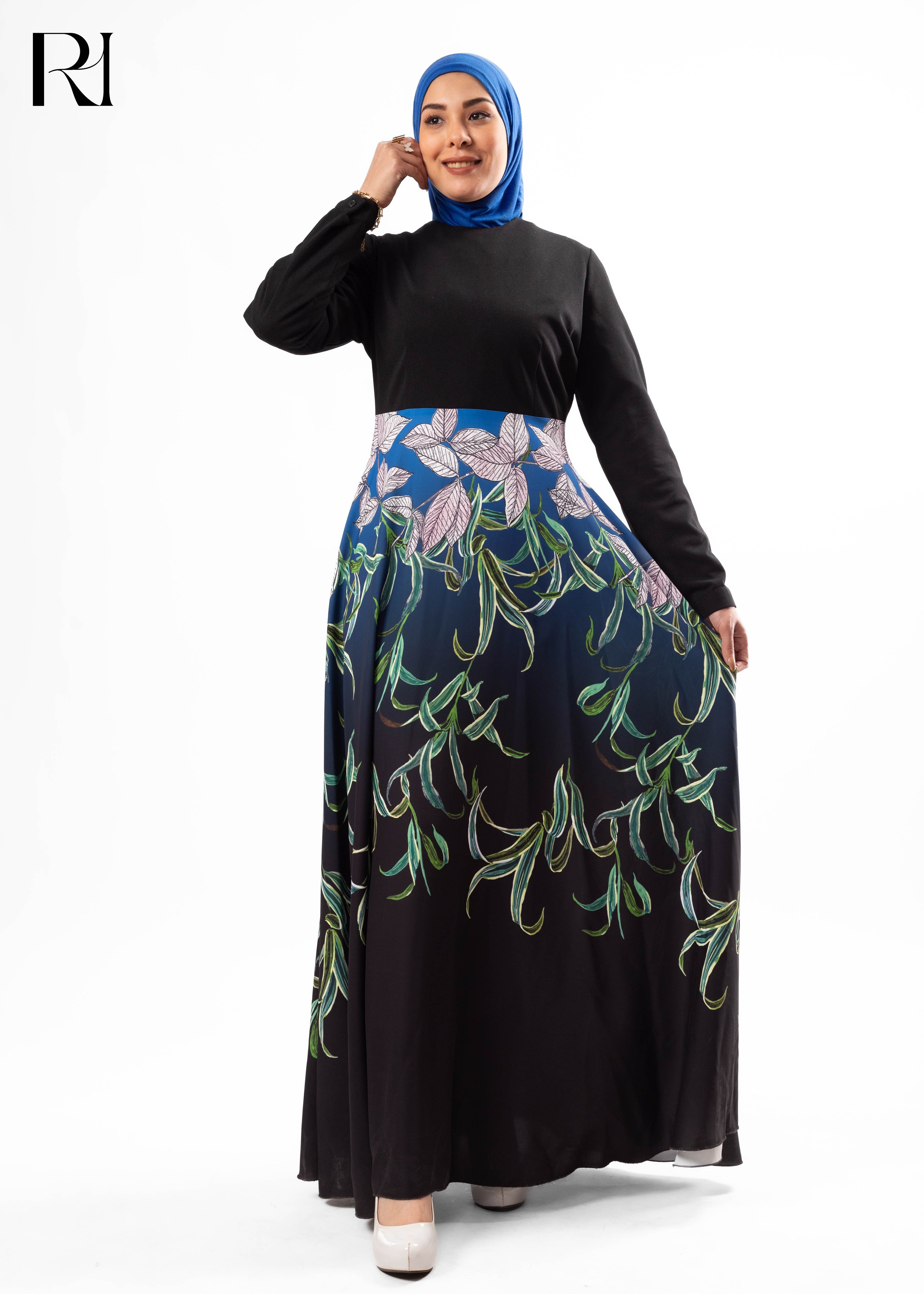Black & Blue Botanical Maxi Dress