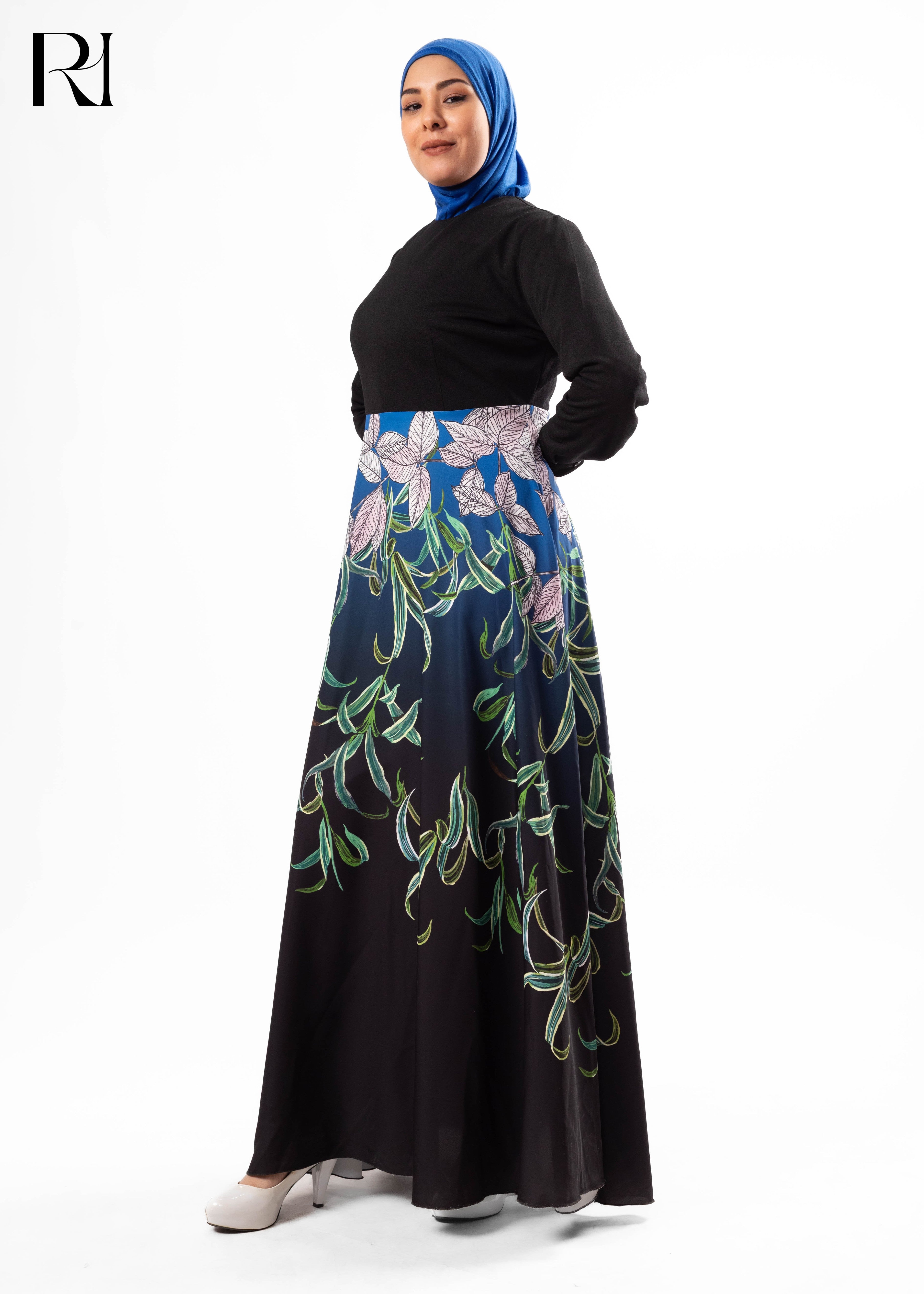 Black & Blue Botanical Maxi Dress