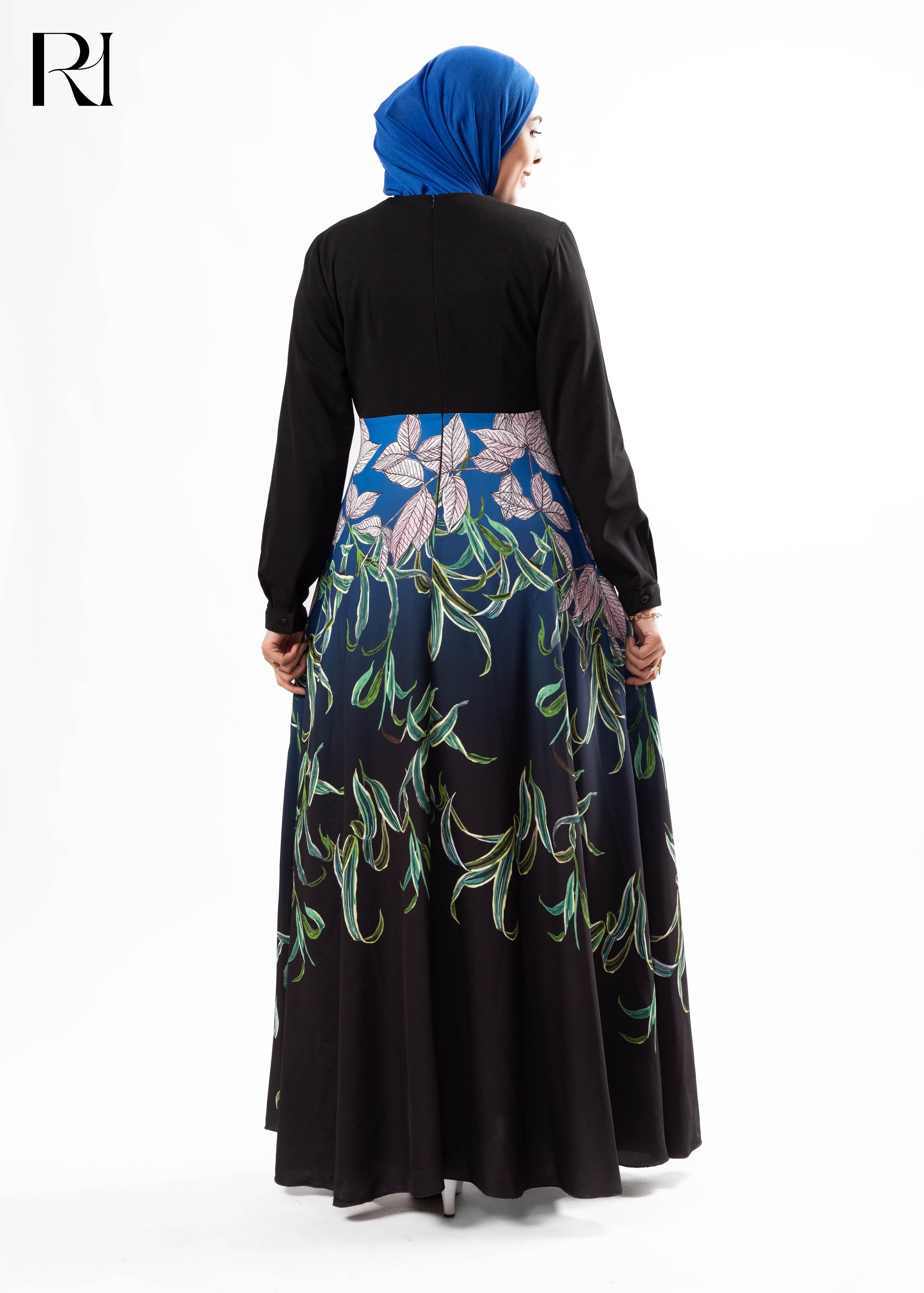 Black & Blue Botanical Maxi Dress