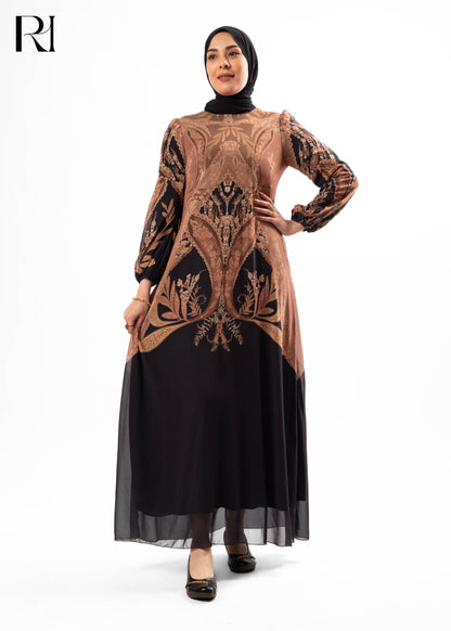 Gold & Black Arabesque Cape-Style Maxi Dress