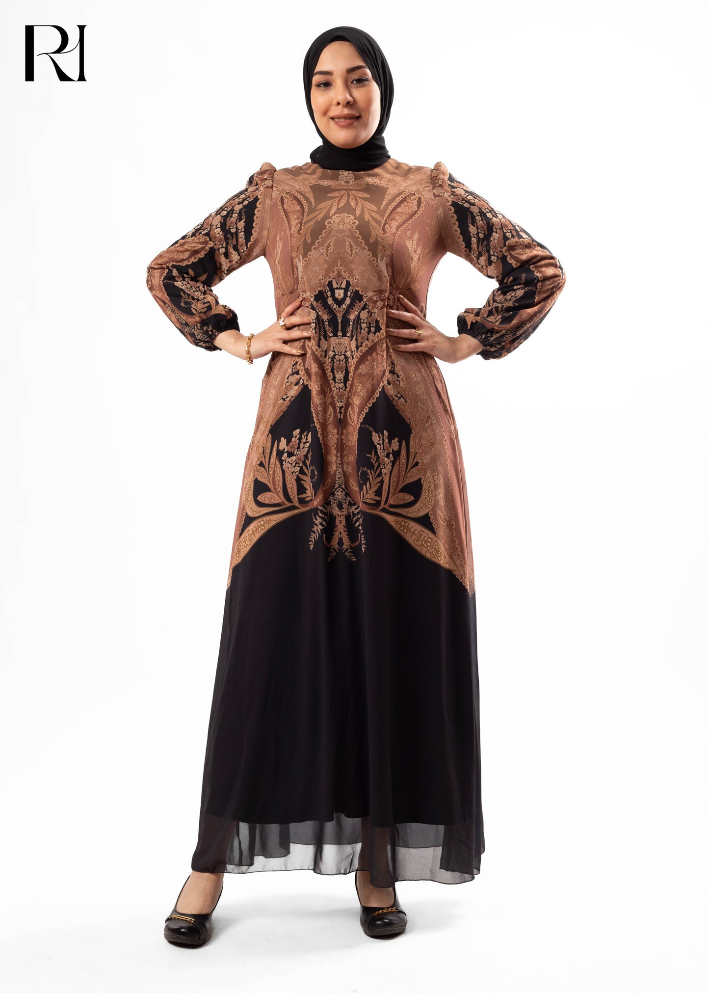 Gold & Black Arabesque Cape-Style Maxi Dress