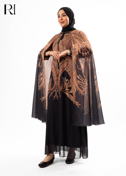Gold & Black Arabesque Cape-Style Maxi Dress