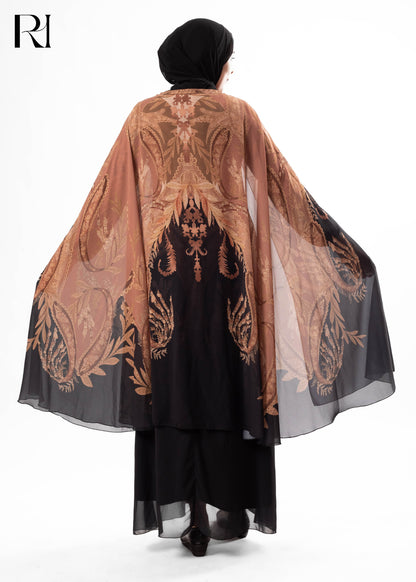 Gold & Black Arabesque Cape-Style Maxi Dress