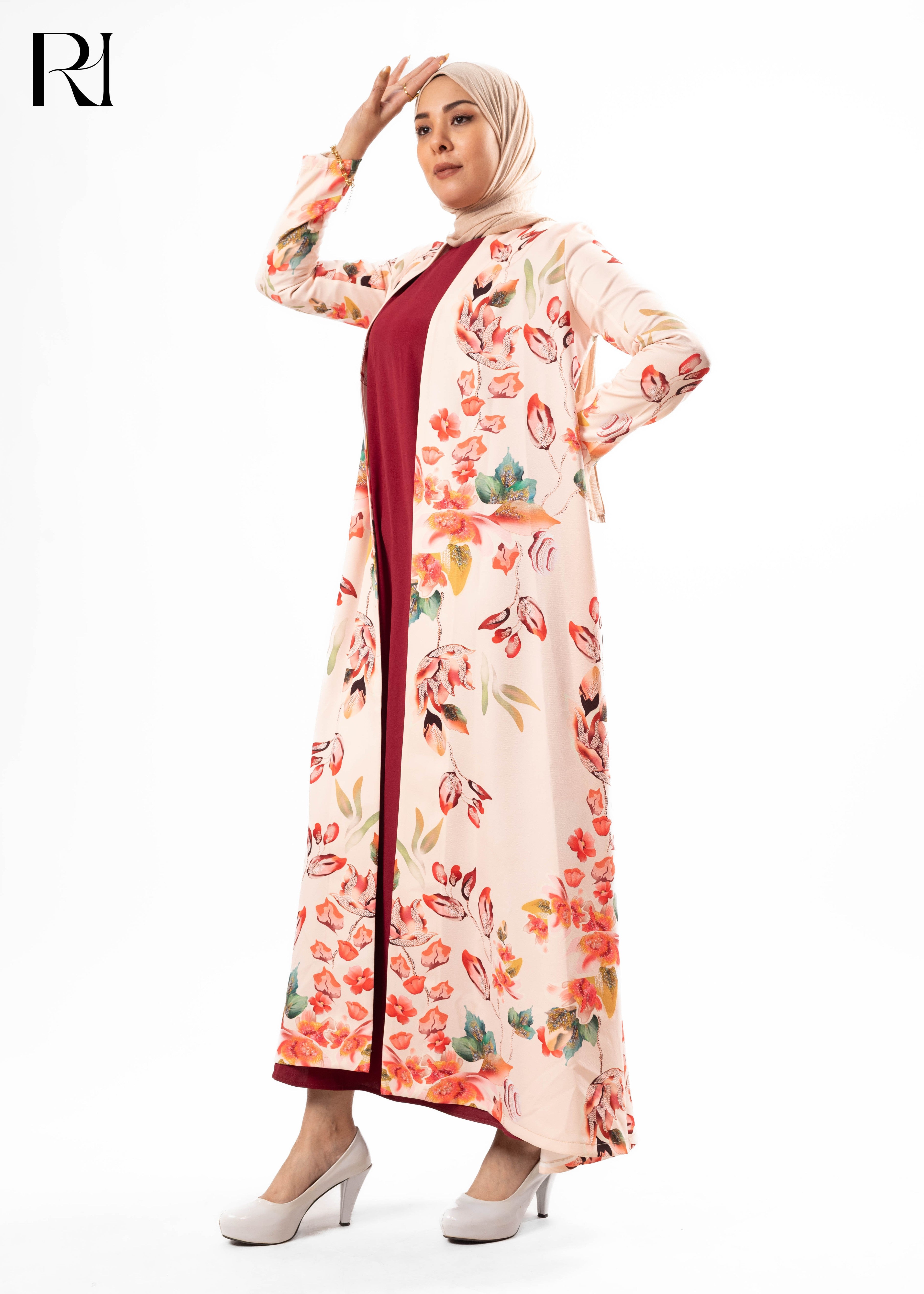 Peach Blossom Floral Open Abaya