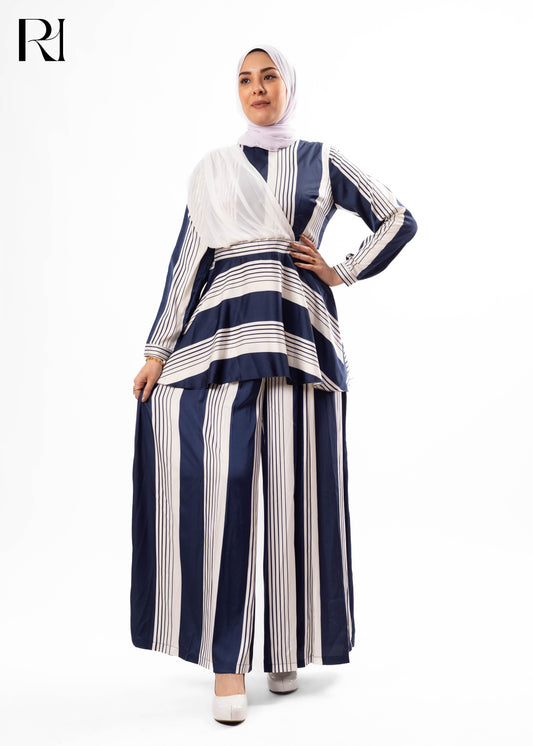 Navy Pearl Modest Striped Two-Piece Set
