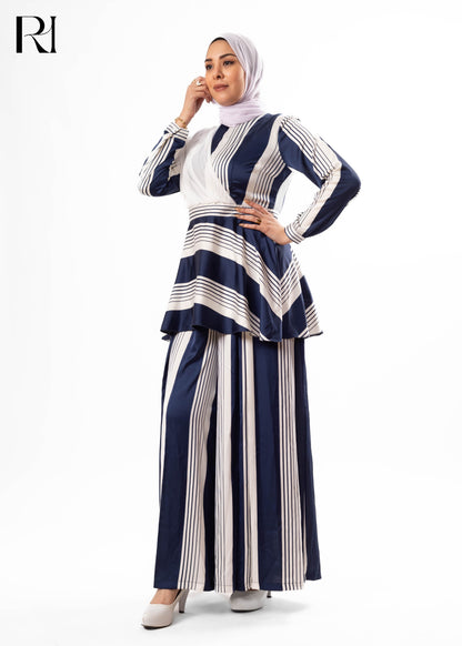 Navy Pearl Modest Striped Two-Piece Set