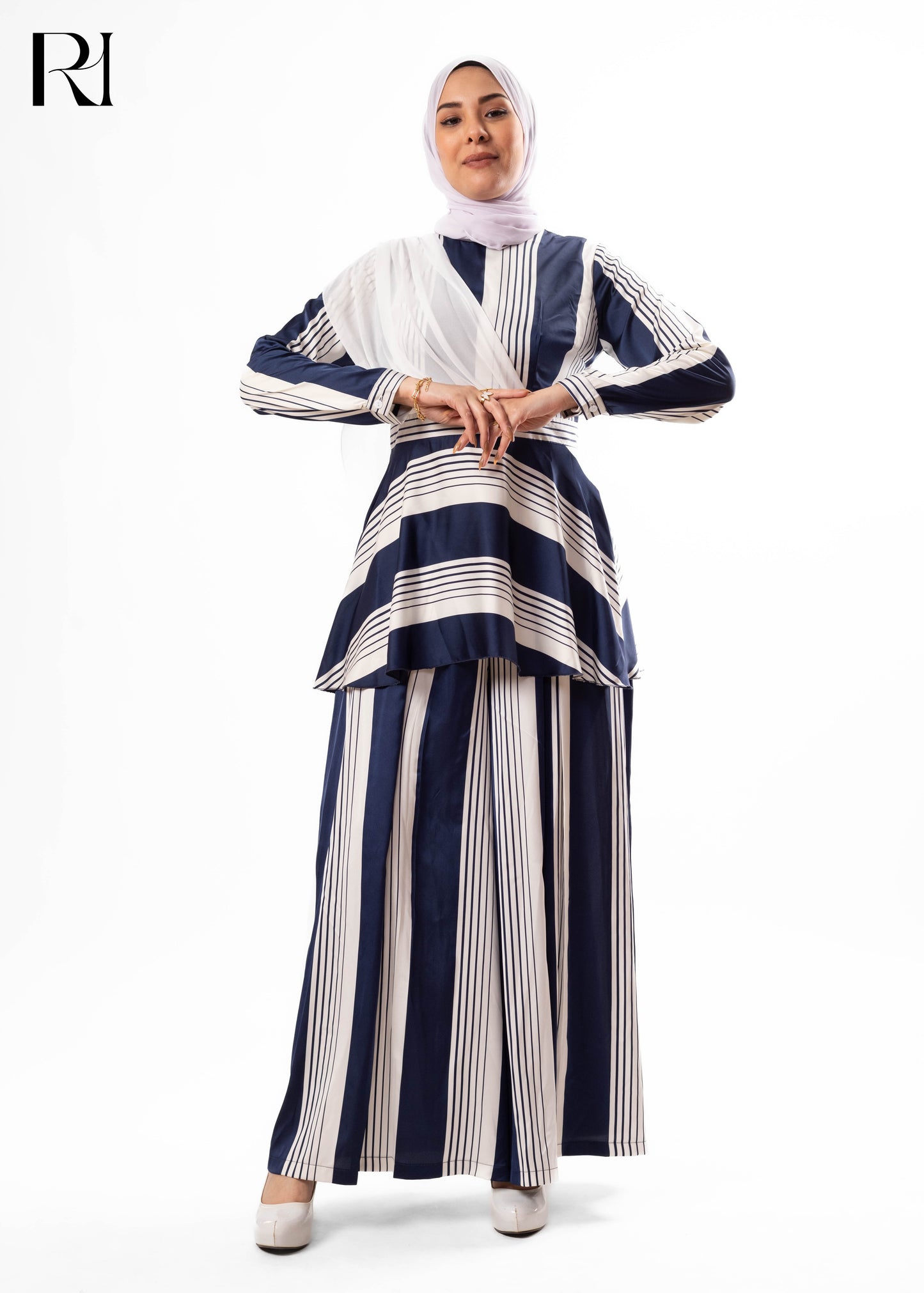 Navy Pearl Modest Striped Two-Piece Set