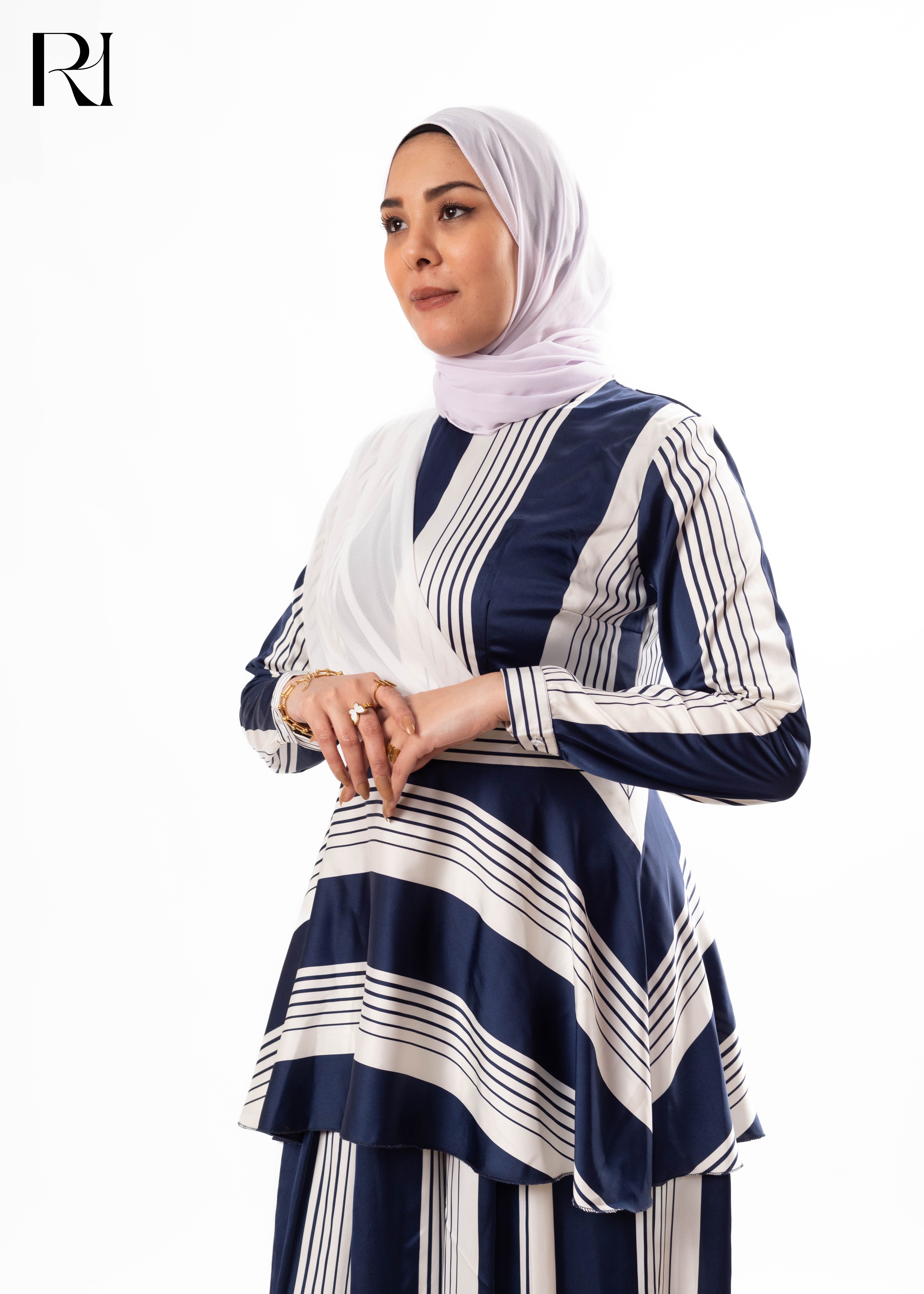 Navy Pearl Modest Striped Two-Piece Set