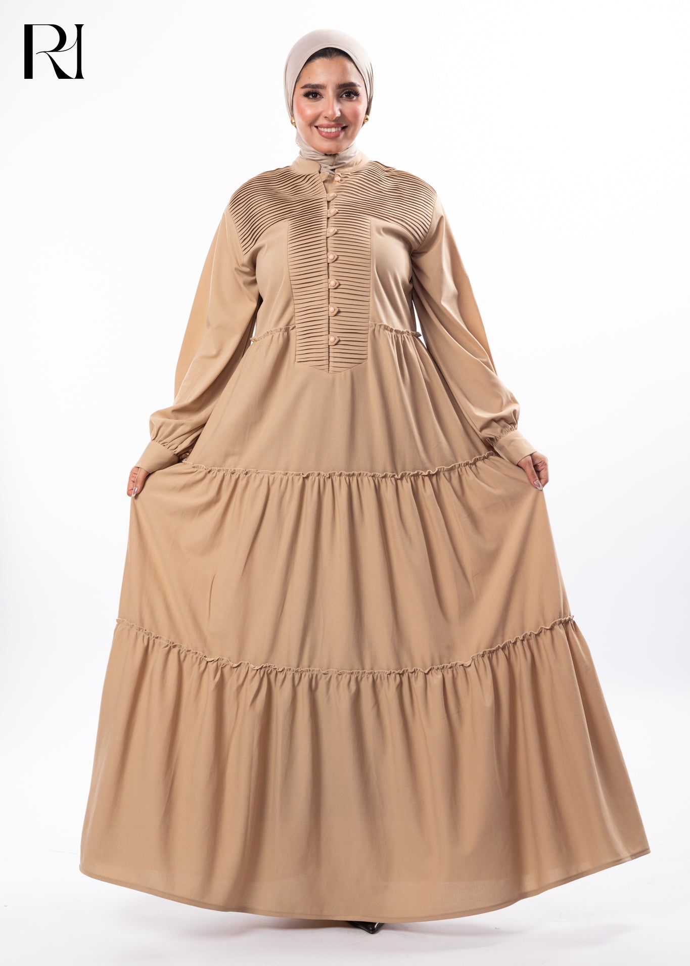 Sand Harmony Pleated Modest Maxi Dress