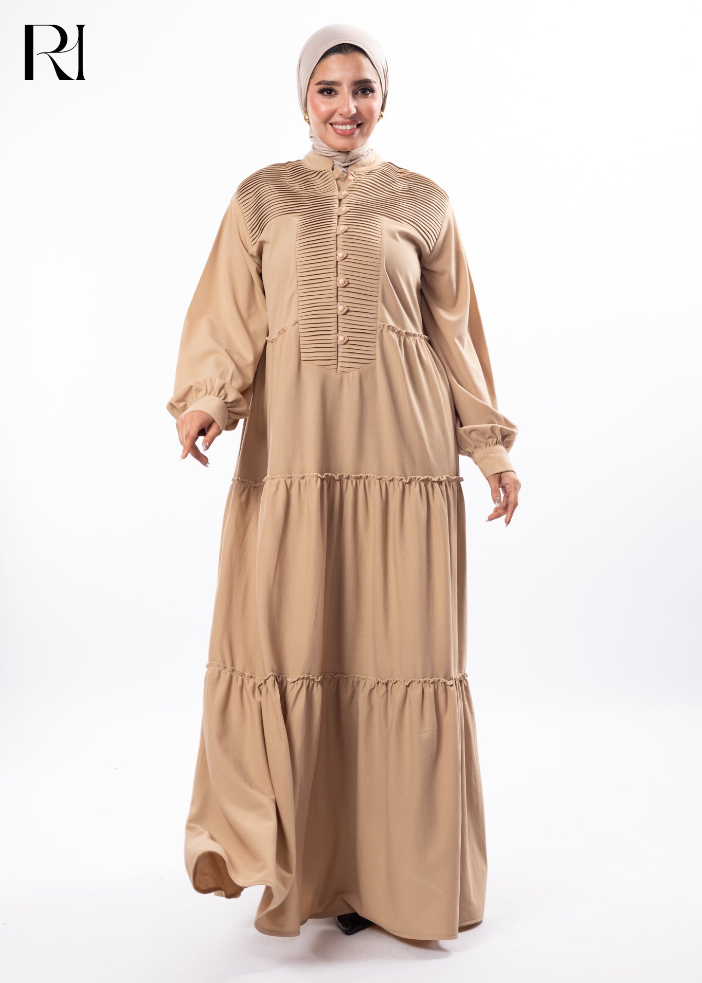 Sand Harmony Pleated Modest Maxi Dress