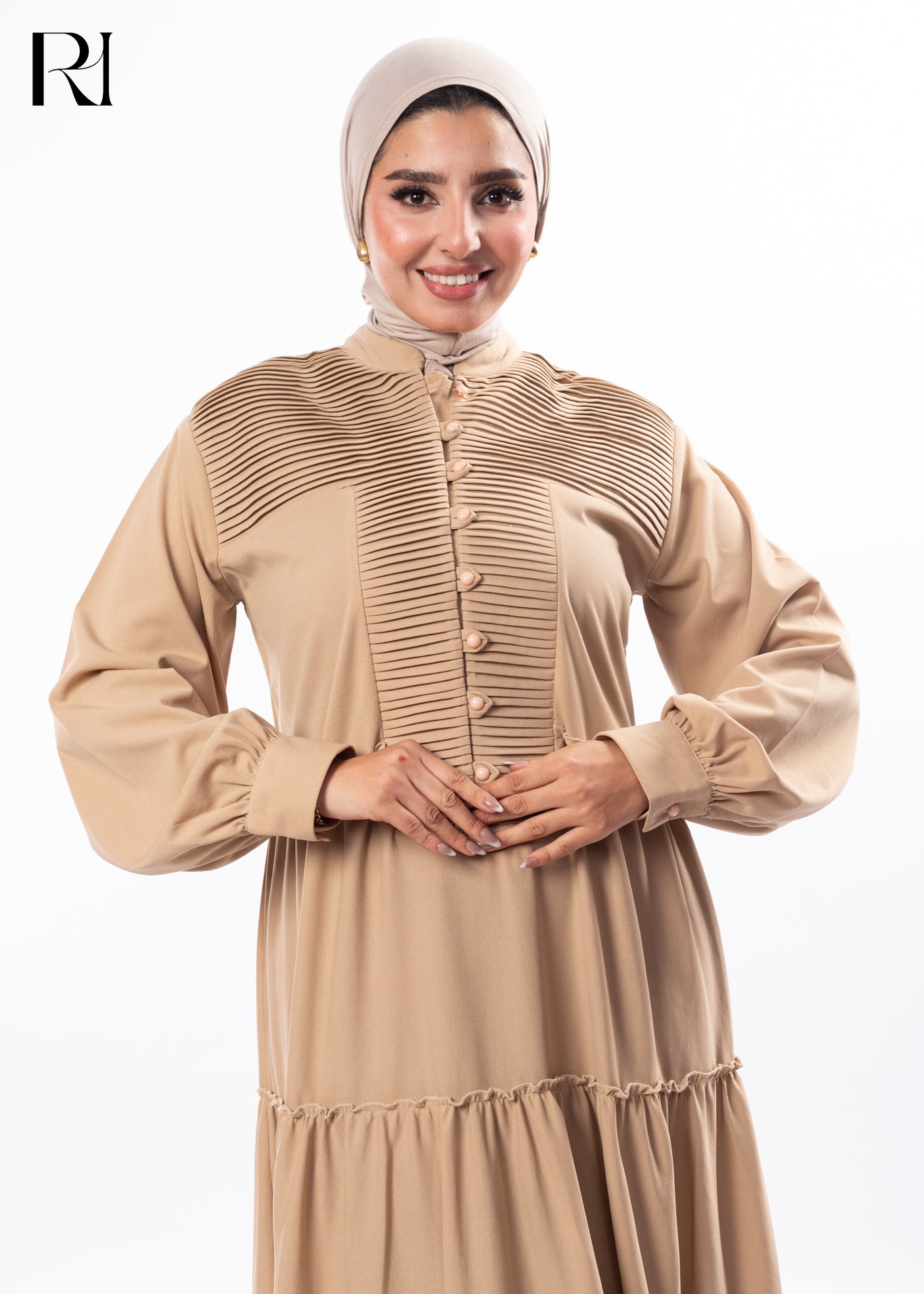 Sand Harmony Pleated Modest Maxi Dress