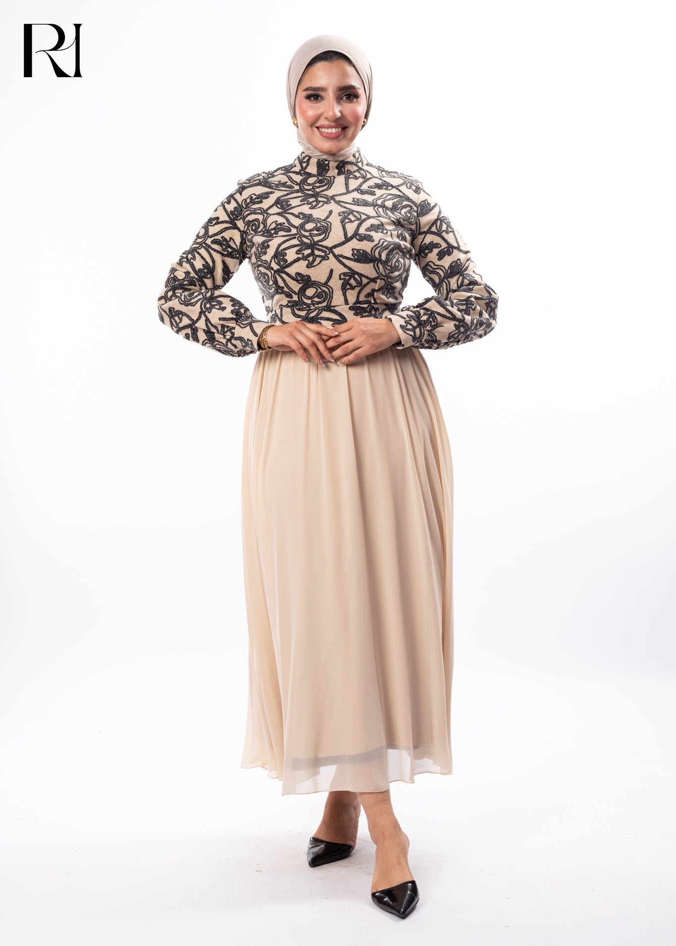 Golden Bloom Embroidered Elegance Maxi Dress