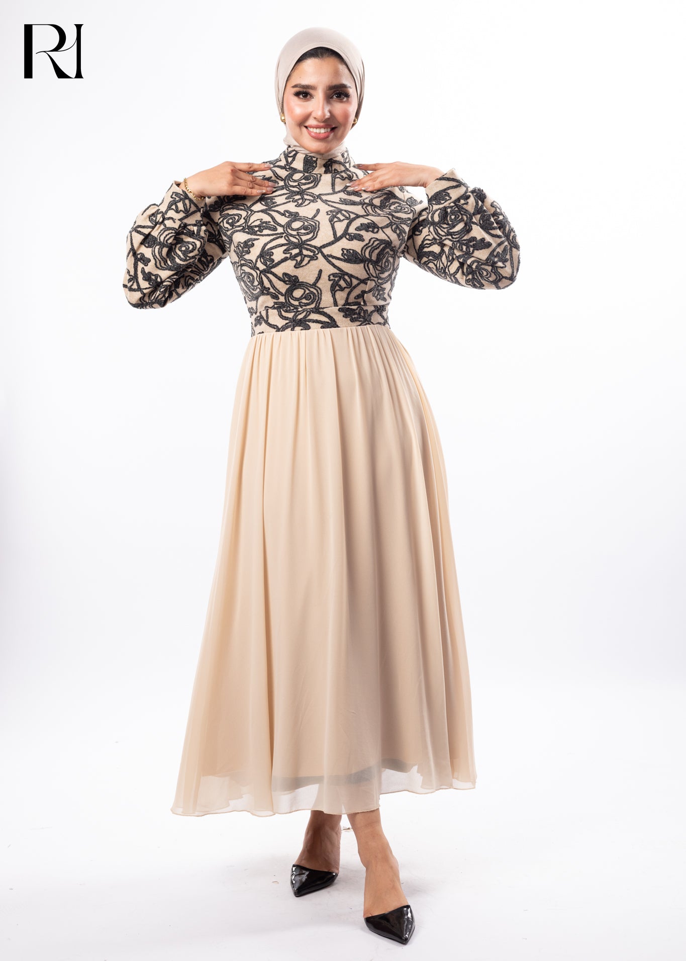 Golden Bloom Embroidered Elegance Maxi Dress