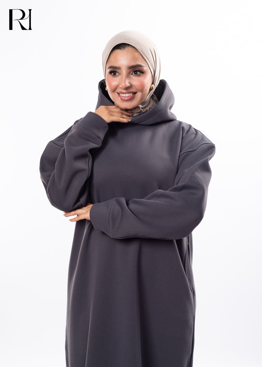 Charcoal Ease Modest Hoodie Maxi Dress