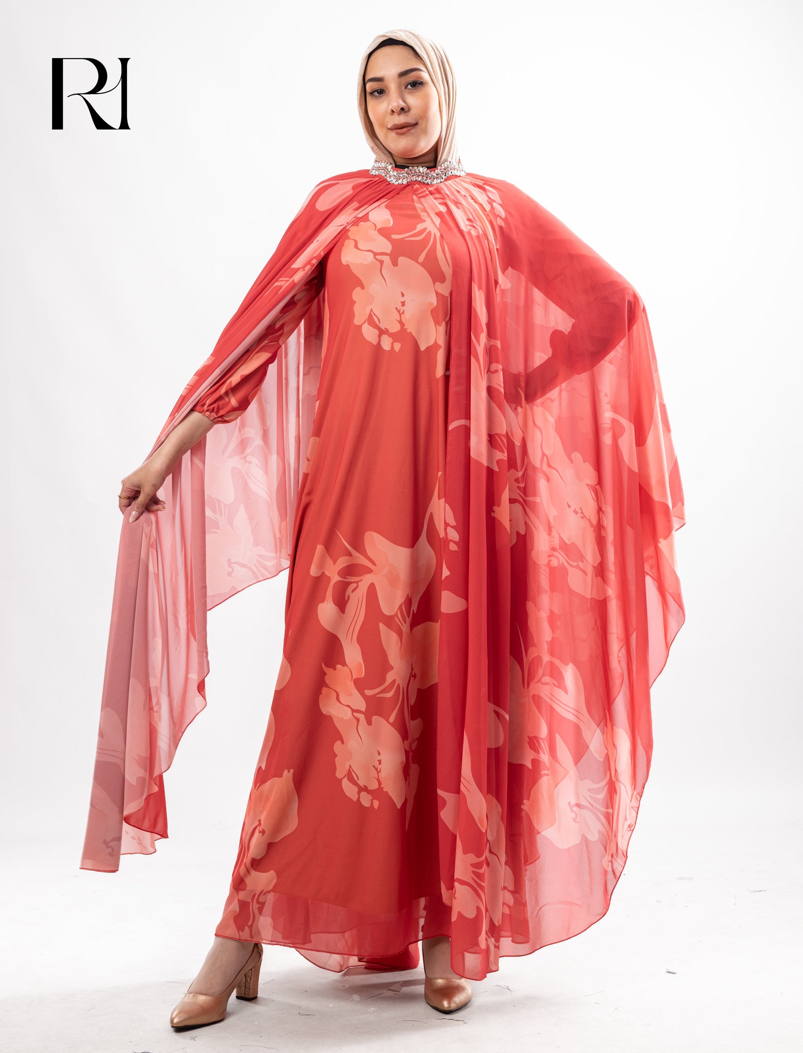 Lina Chiffon Cape Maxi Dress – Coral Floral