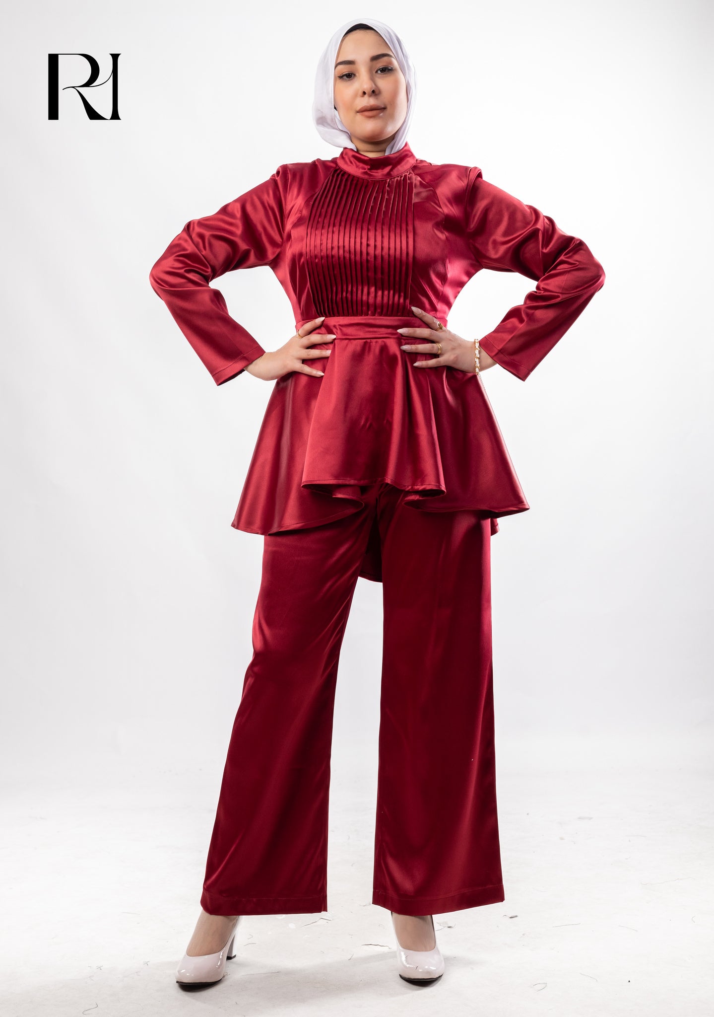 Farah Satin Two Piece Set - Crimson Red