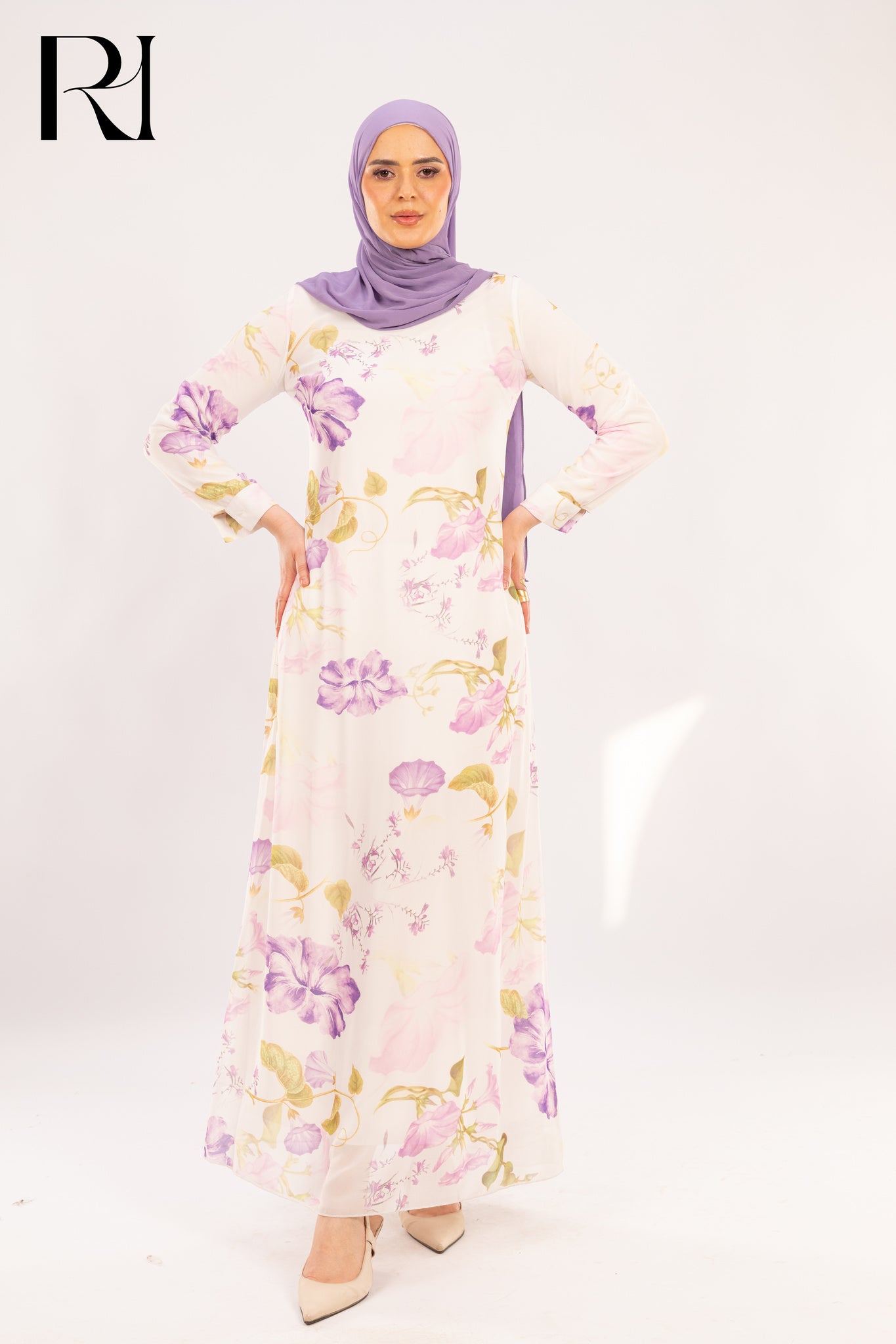 Amina Pastel Bloom Chiffon Maxi Dress – Ivory