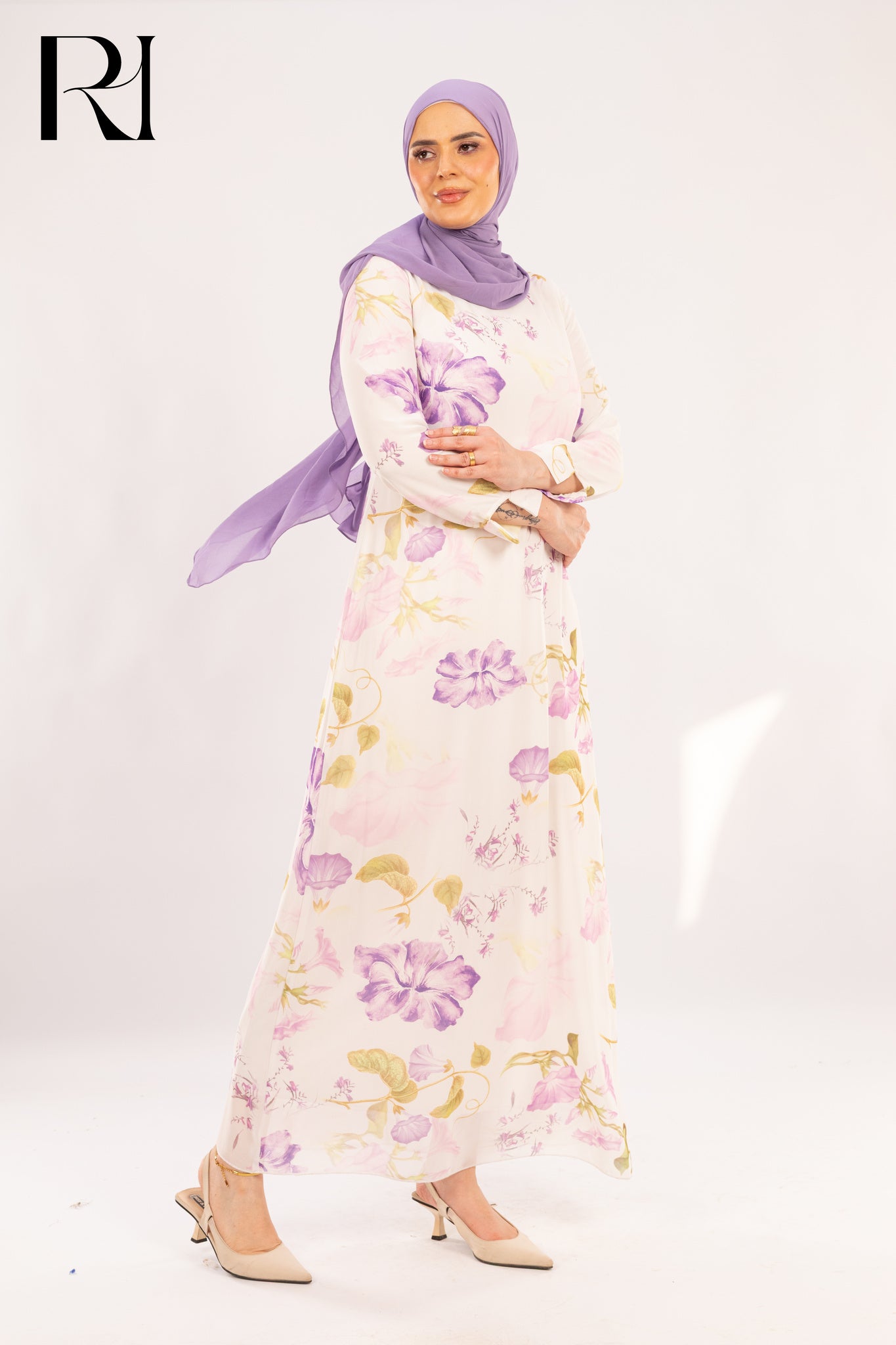 Amina Pastel Bloom Chiffon Maxi Dress – Ivory