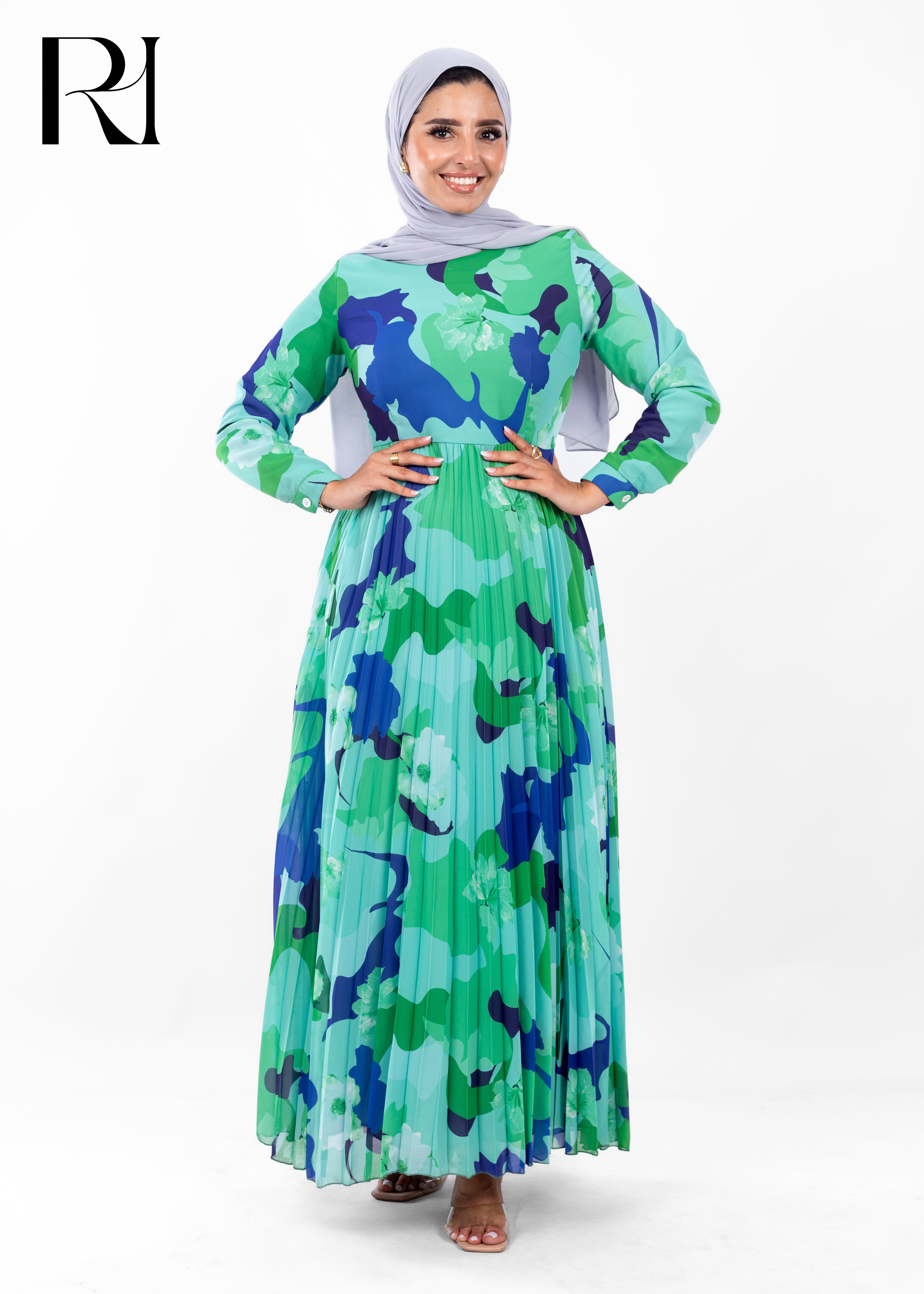 Ocean Breeze Abstract Pleated Modest Maxi Dress
