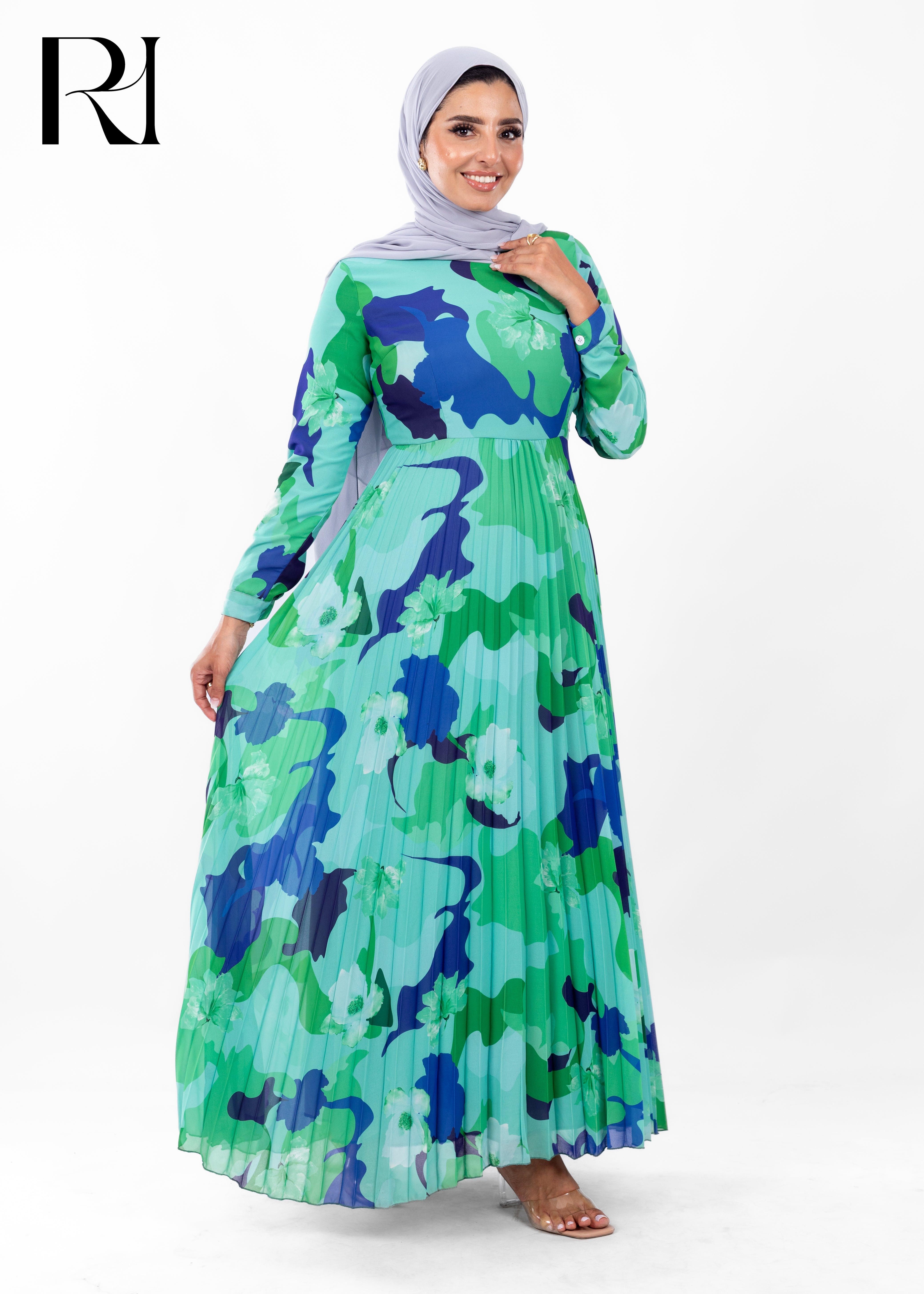 Ocean Breeze Abstract Pleated Modest Maxi Dress