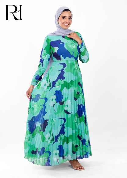 Ocean Breeze Abstract Pleated Modest Maxi Dress