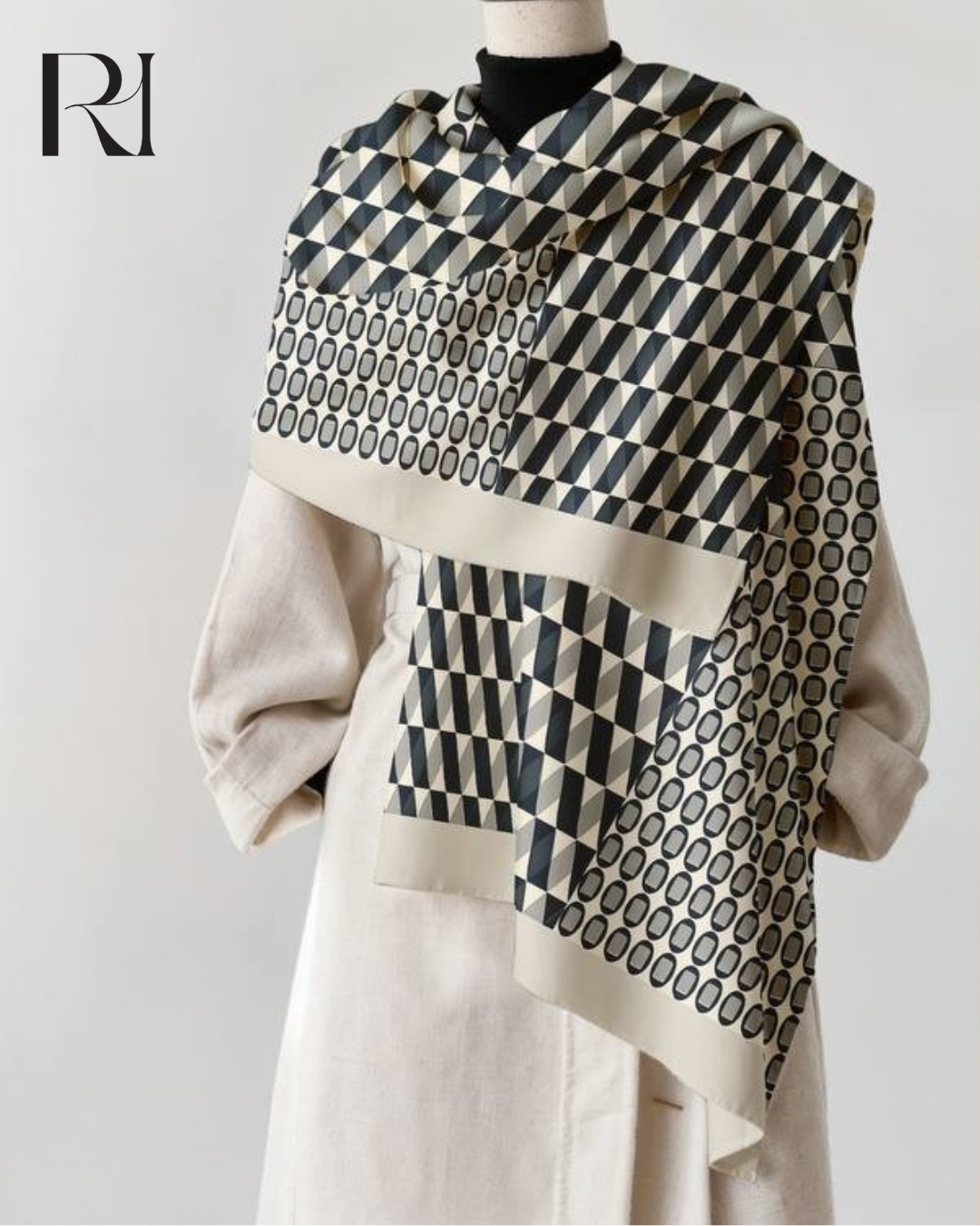 Mannequin wearing a patterned scarf with a neutral background