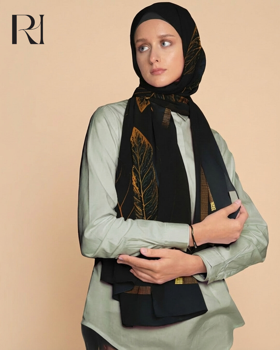 Gold floral Printed Chiffon Hijab