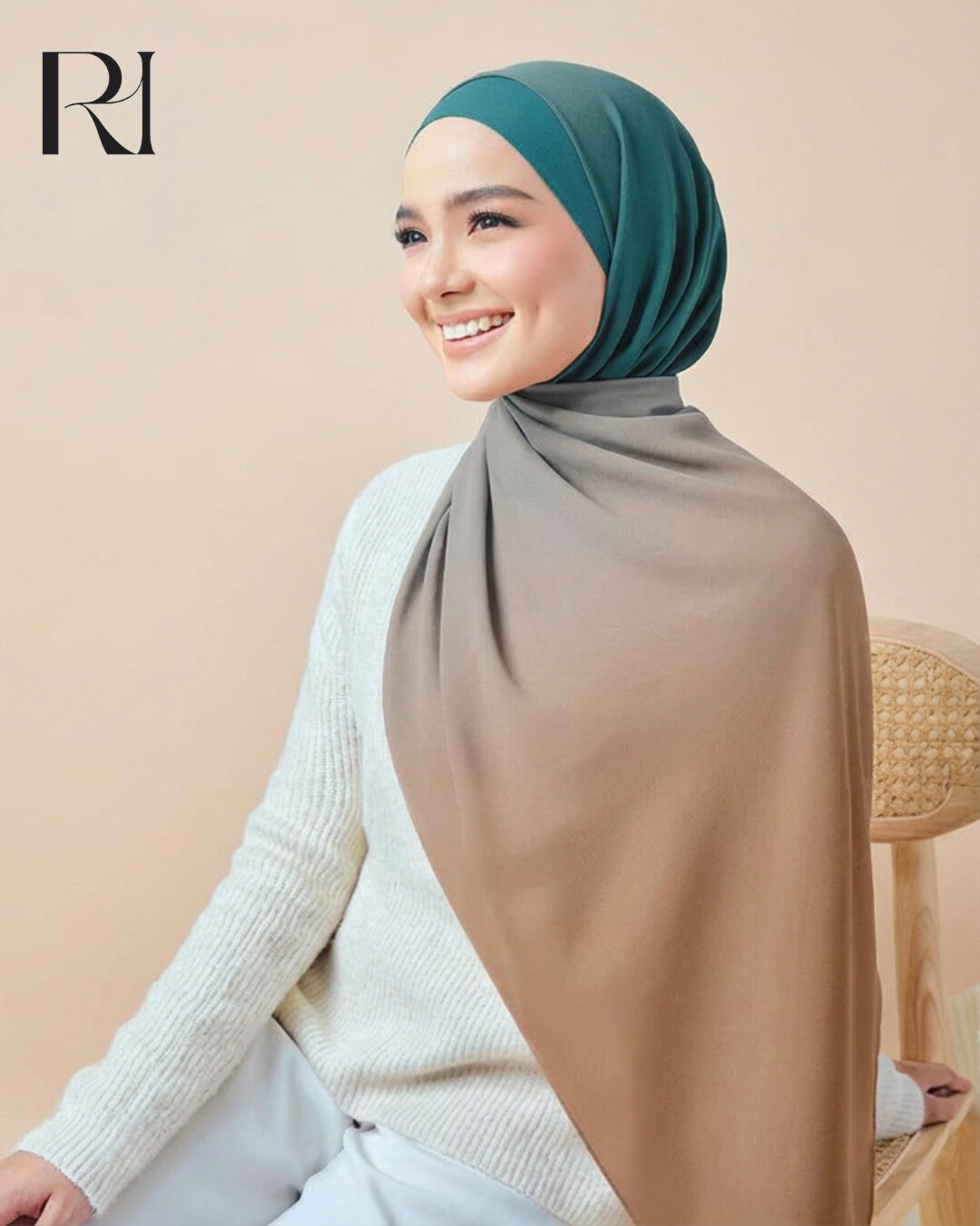 Nature Inspired Beauty Gradient Green & Beige Chiffon Crepe Scarf